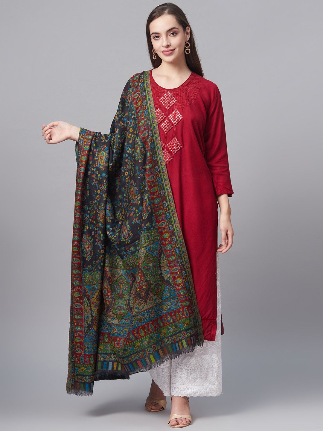 Pashtush Women Black & Green Pure Wool Woven Design Kaani Shawl-picture-24