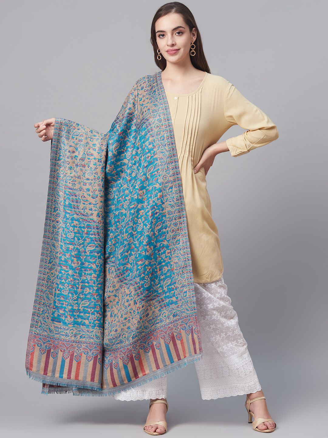 Pashtush Women Blue & Beige Woven Design Jamawar Shawl-picture-53
