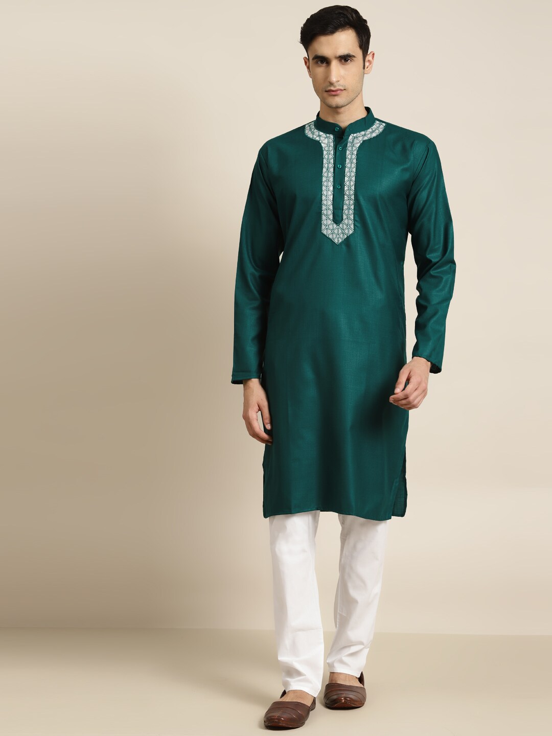 SOJANYA Men Green & Silver Straight Yoke Design Straight Cotton Kurta with Pyjamas
