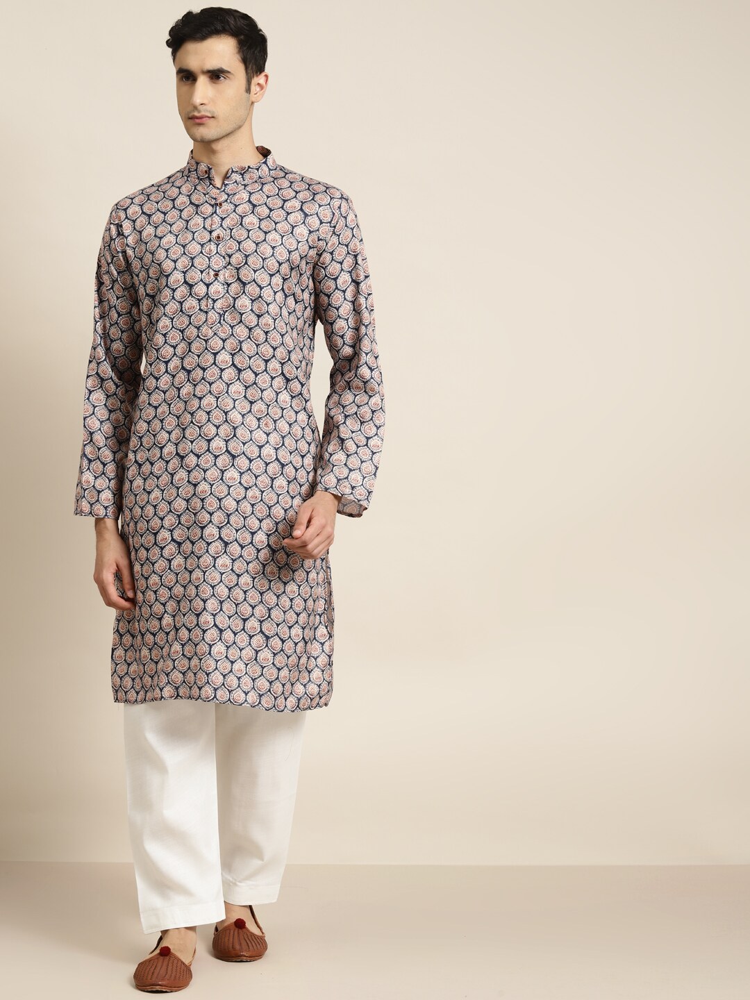 SOJANYA Men Navy Blue & Beige Pure Cotton Ethnic Motifs Print Kurta with Pyjamas