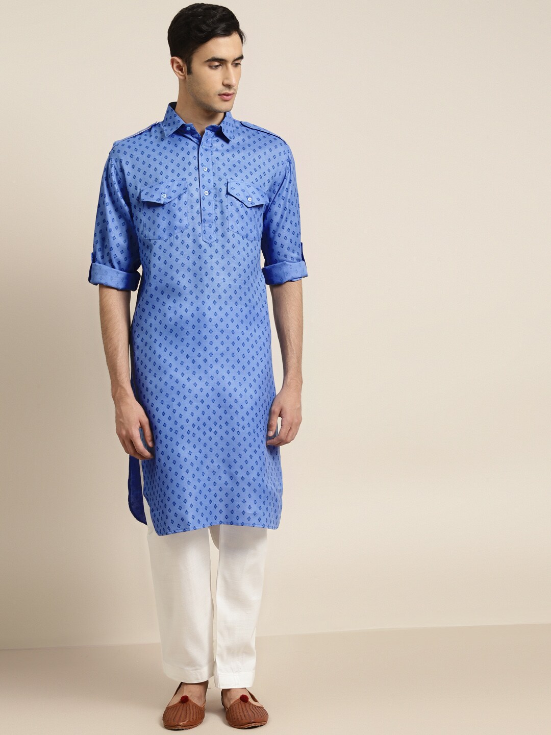 SOJANYA Men Blue Ethnic Motifs Print Pathani Kurta with Pyjamas