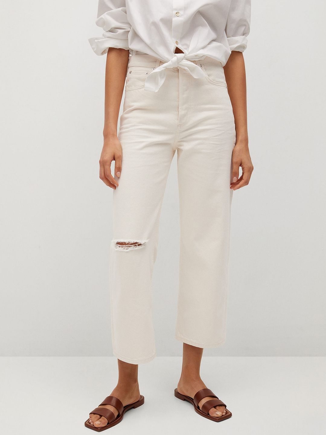 MANGO Women Off White Wide Leg High-Rise Slash Knee Jeans-picture-26