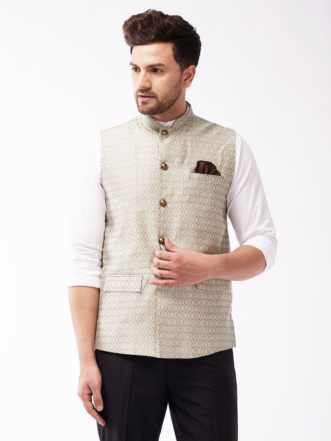 VASTRAMAY Men Grey Woven Design Nehru Jackets-picture-21