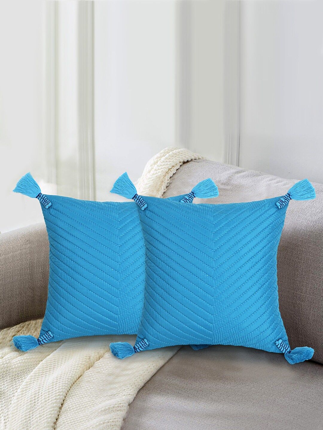 Mezposh Blue Set of 2 Embroidered Square Cushion Covers-image-3