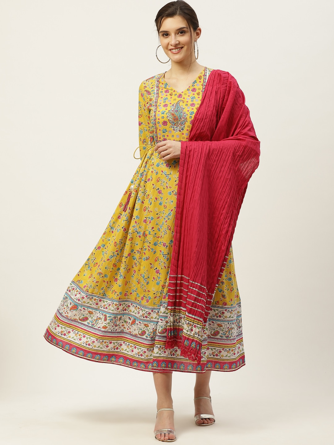 Juniper Yellow & Pink Pure Cotton Ethnic A-Line Midi Dress