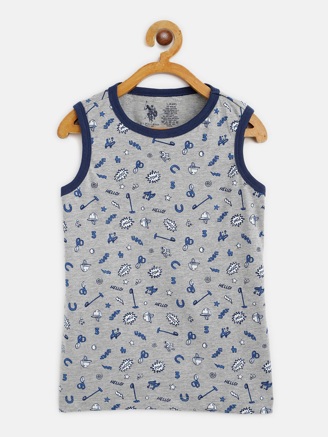 U.S. Polo Assn. Kids Boys Grey Melange & Blue Cotton Printed Round Neck Sleeveless T-shirt-picture-51