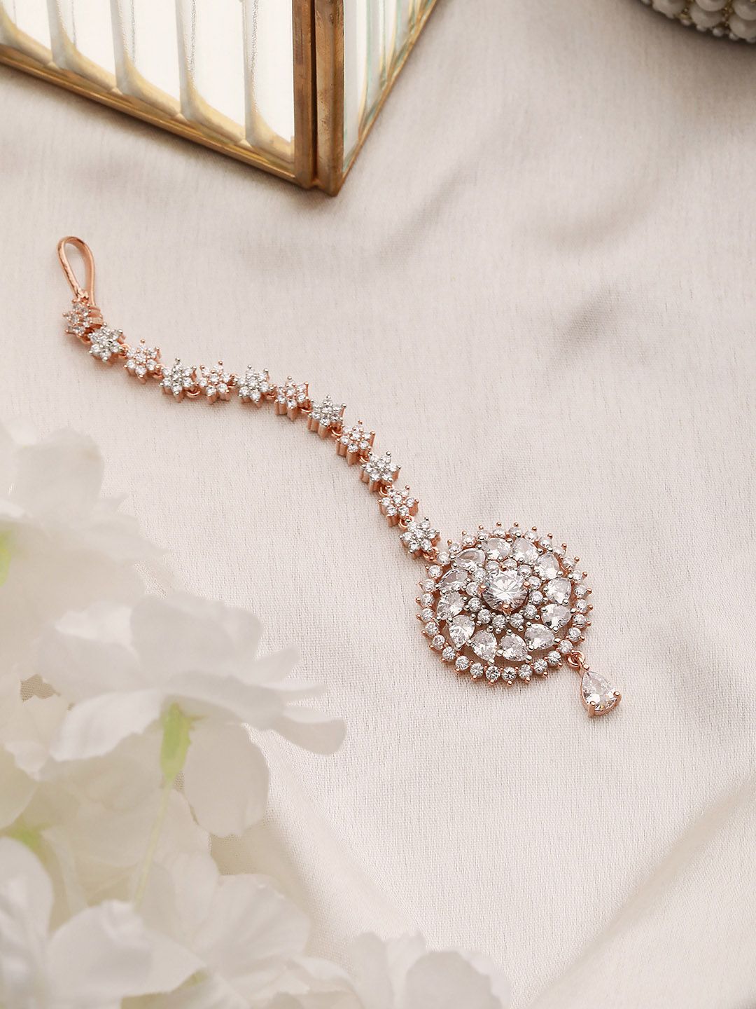 Saraf RS Jewellery Rose Gold-Plated White AD-Studded Handcrafted Maangtikka-picture-18