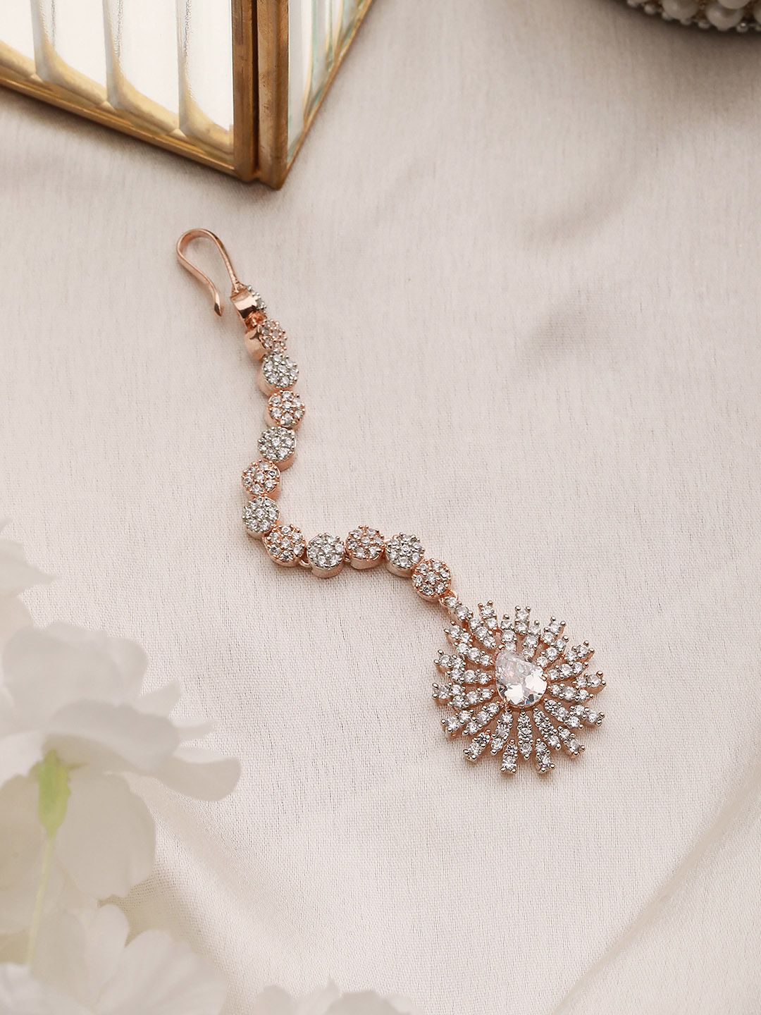 Saraf RS Jewellery Rose Gold-Plated White CZ & AD-Studded Handcrafted Maang Tikka-picture-24