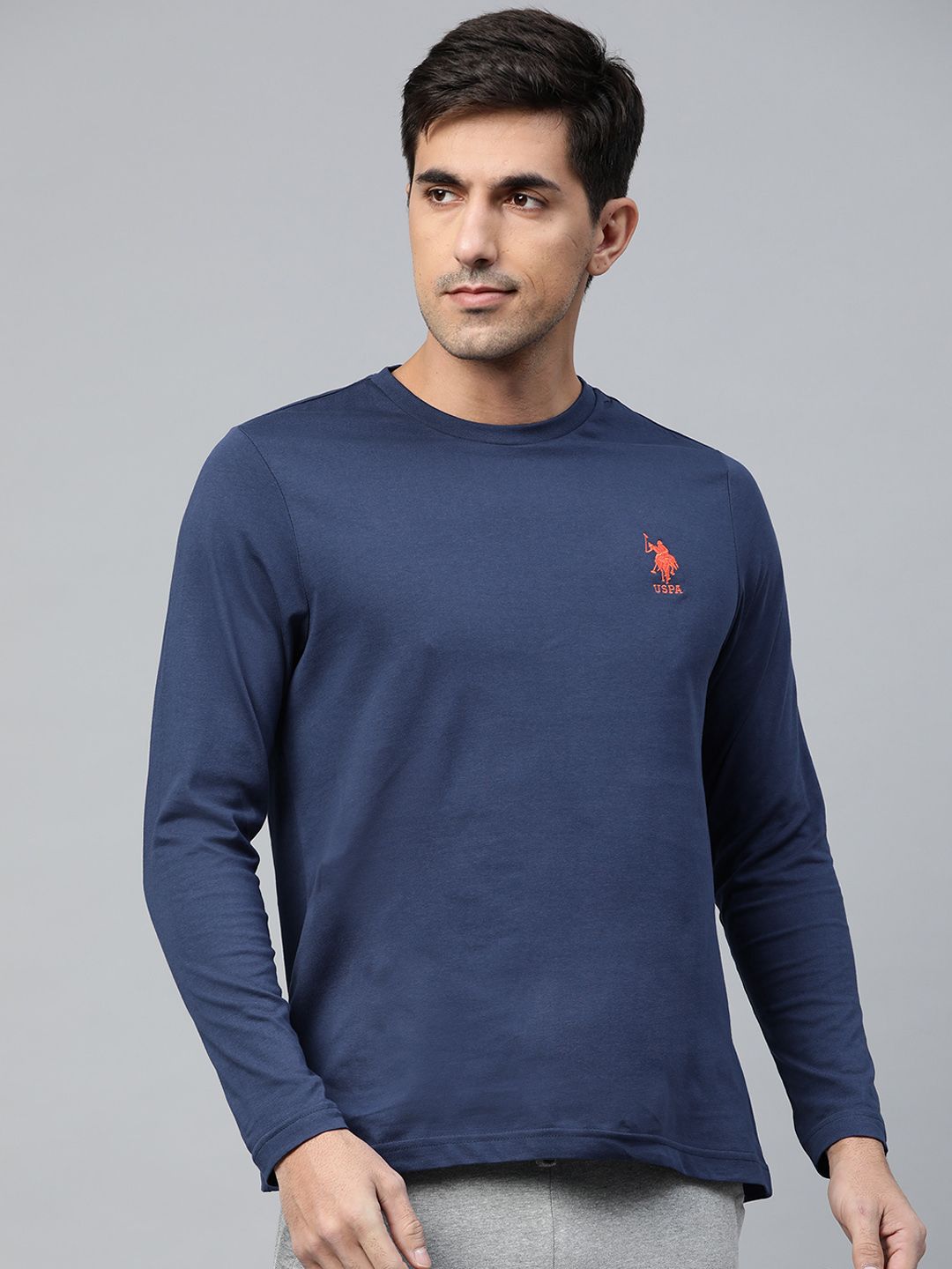 U.S. Polo Assn. Men Navy Blue Solid Pure Cotton Lounge T-shirt