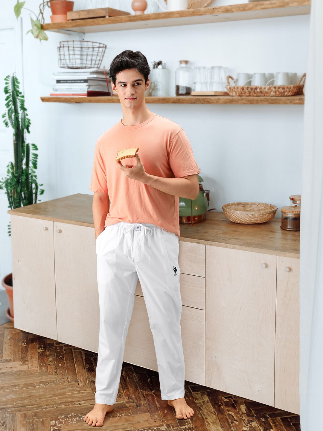 U.S. Polo Assn. Men White Solid Woven Pure Cotton Lounge Pants