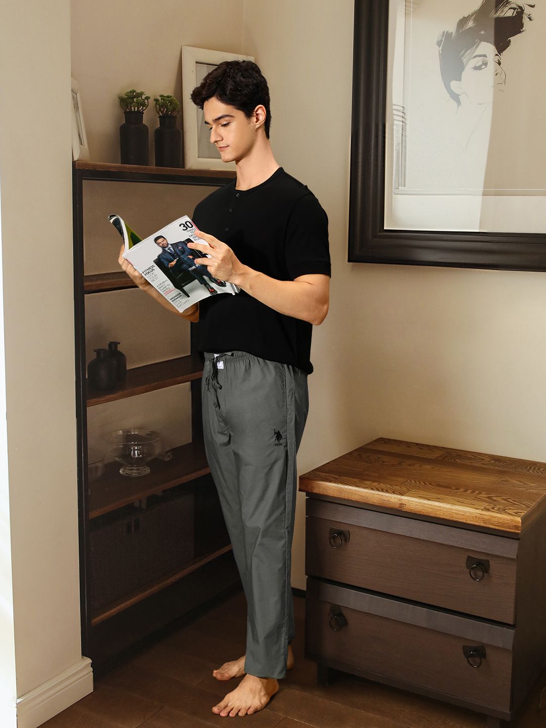 U.S. Polo Assn. Men Grey Solid Pure Cotton Lounge Pants