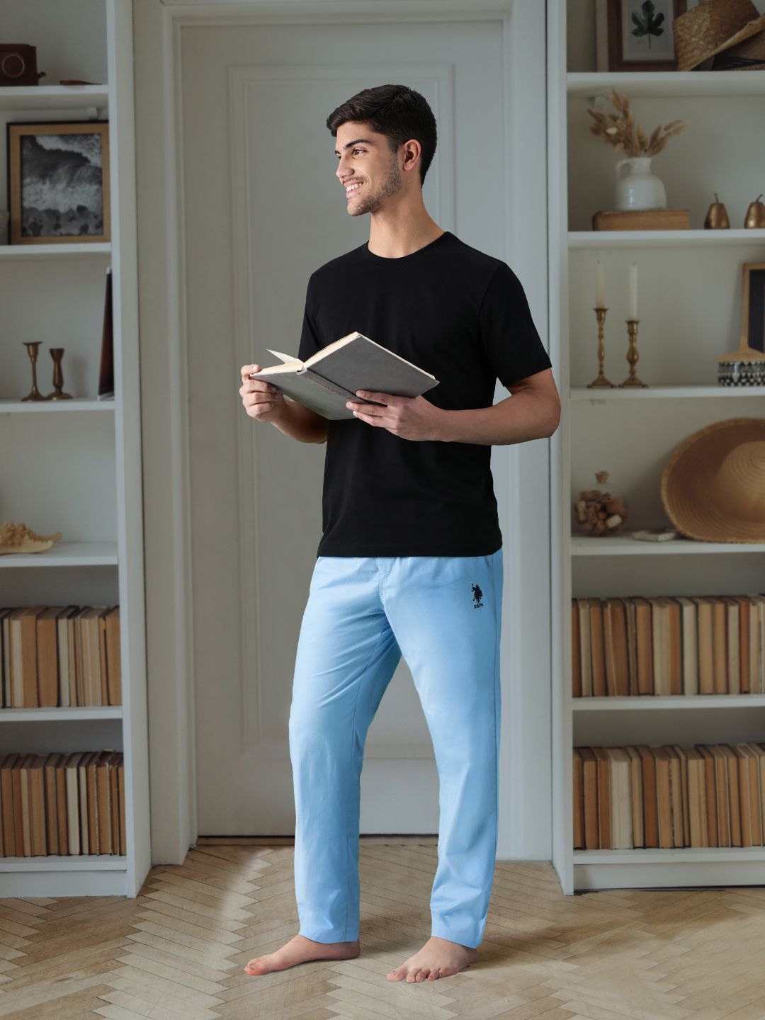 U.S. Polo Assn. Men Blue Solid Woven Pure Cotton Lounge Pants-picture-30