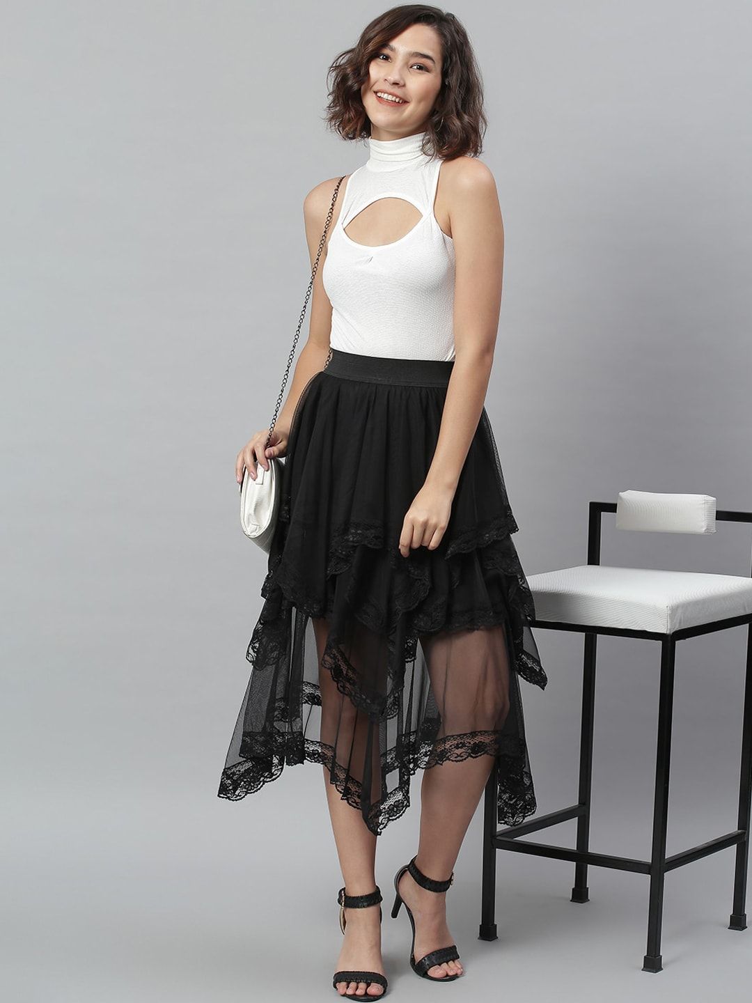 Buy KASSUALLY Black Layered Sheer Mesh Lace Skirt - Skirts for