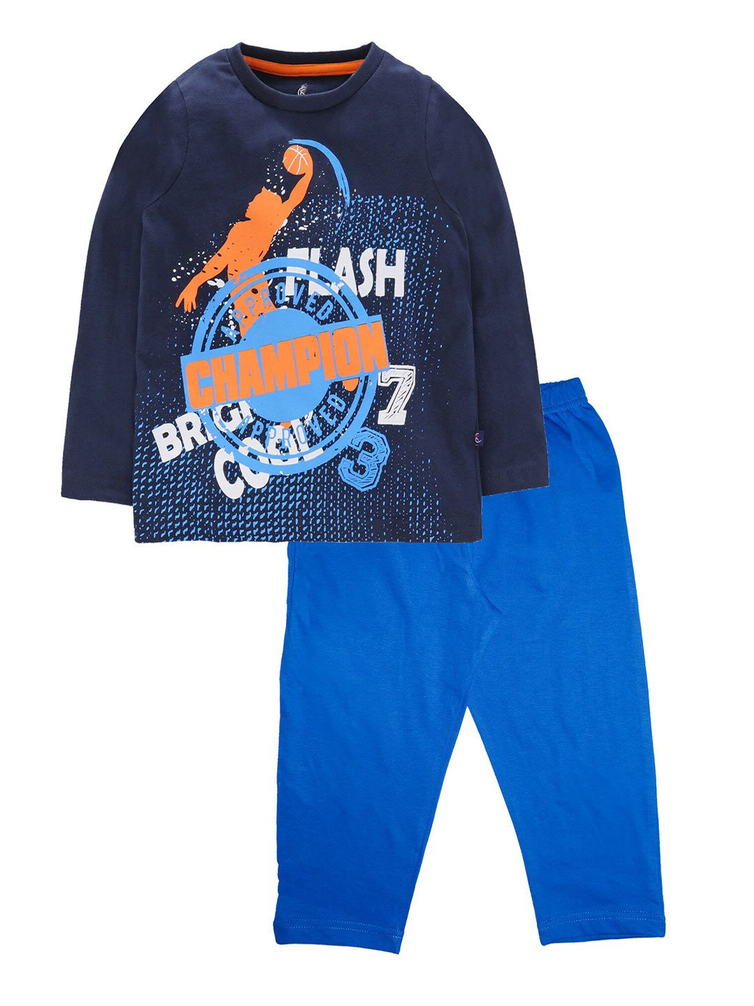 KiddoPanti Boys Navy Blue & Orange Printed Night suit