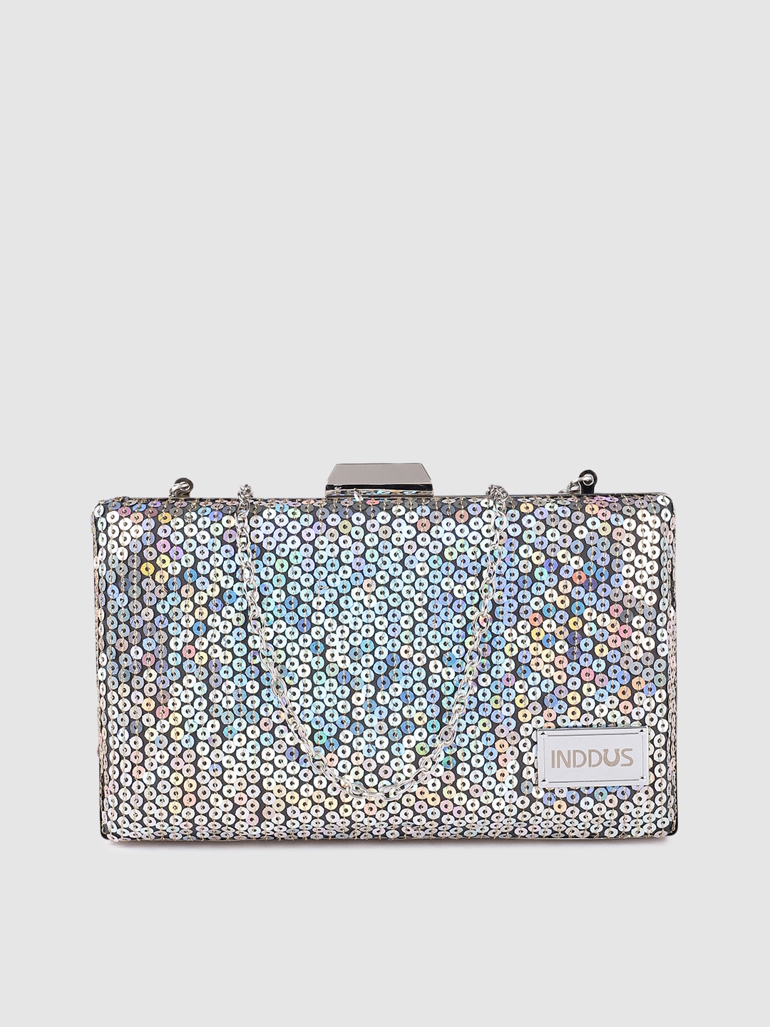 Inddus Silver-Toned Sequinned Box Clutch