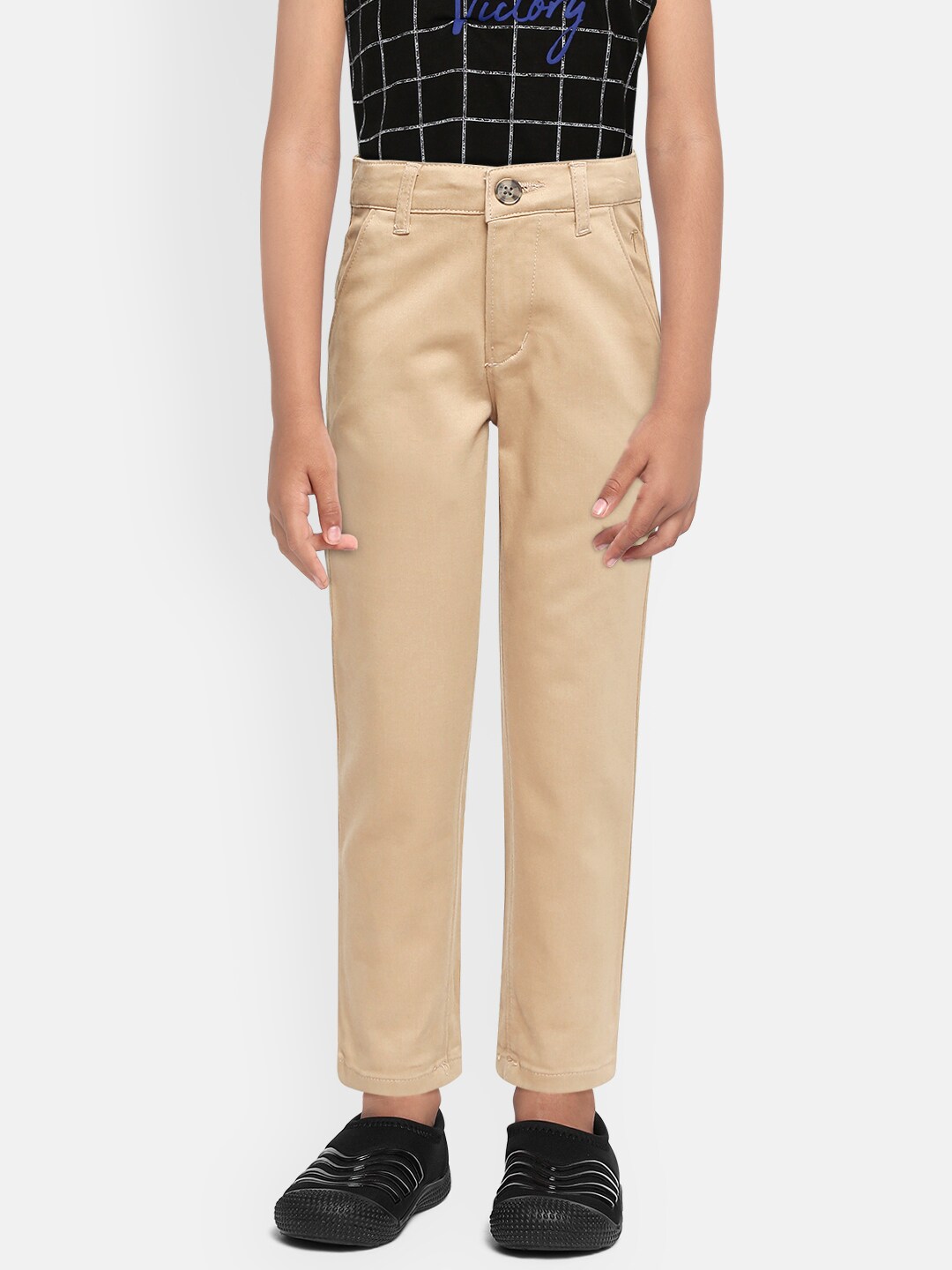Palm Tree Boys Beige Solid Cotton Regular Trousers