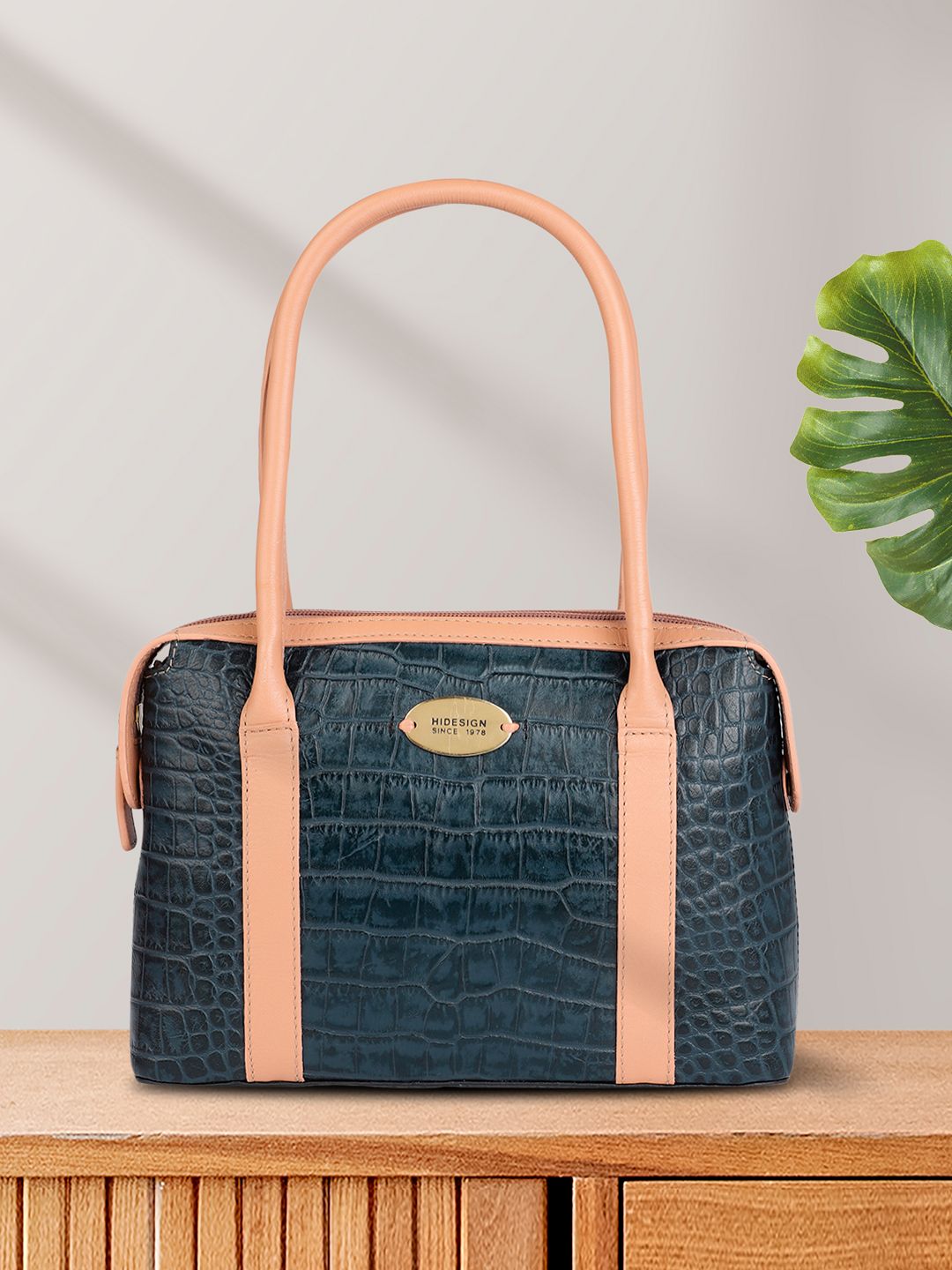 Hidesign Navy Blue Croc Textured Leather Structured Handheld Bag