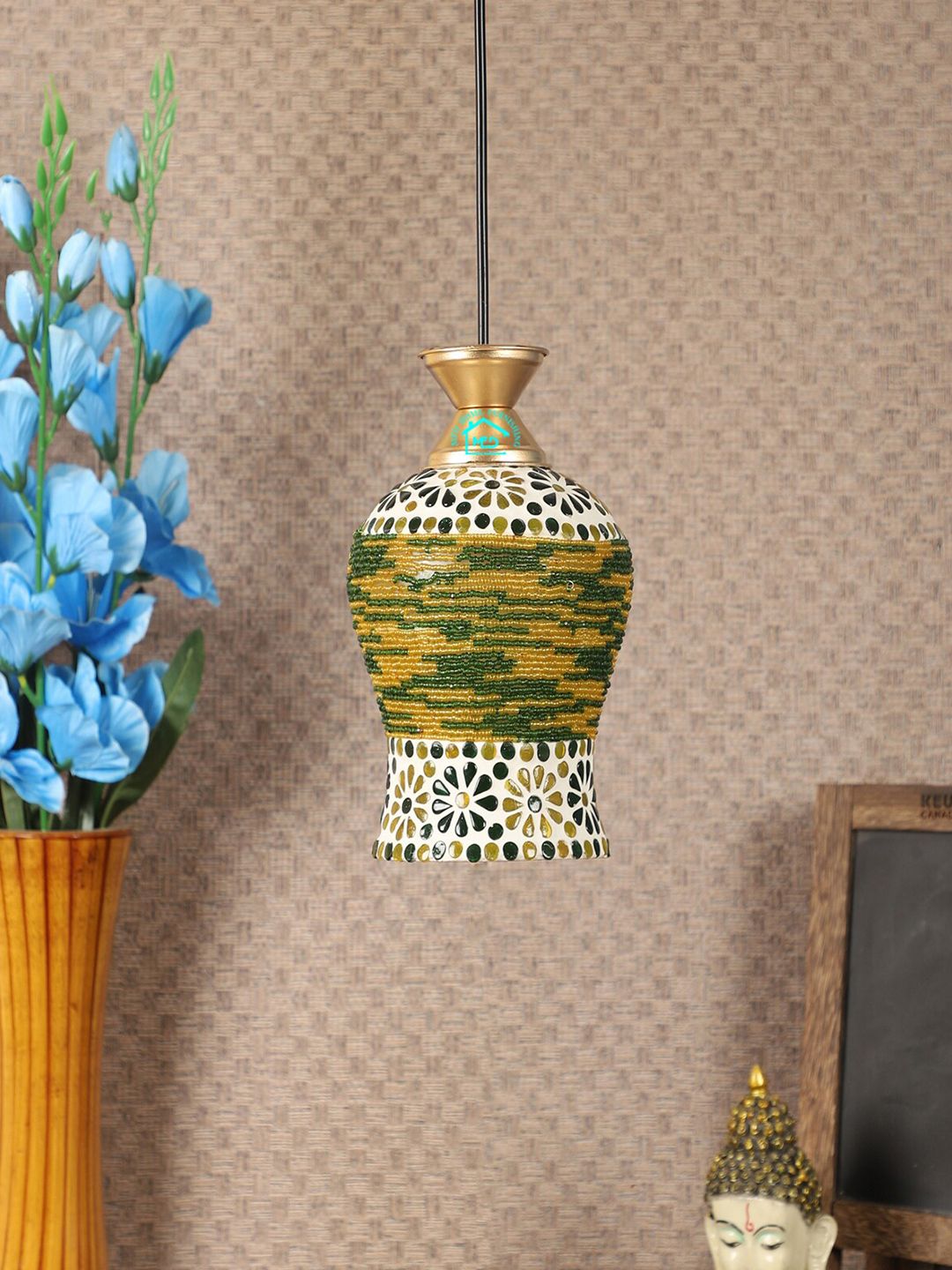 MFD HOME FURNISHING Green & Gold-Toned Textured Quirky Hanging Lamp-image-48