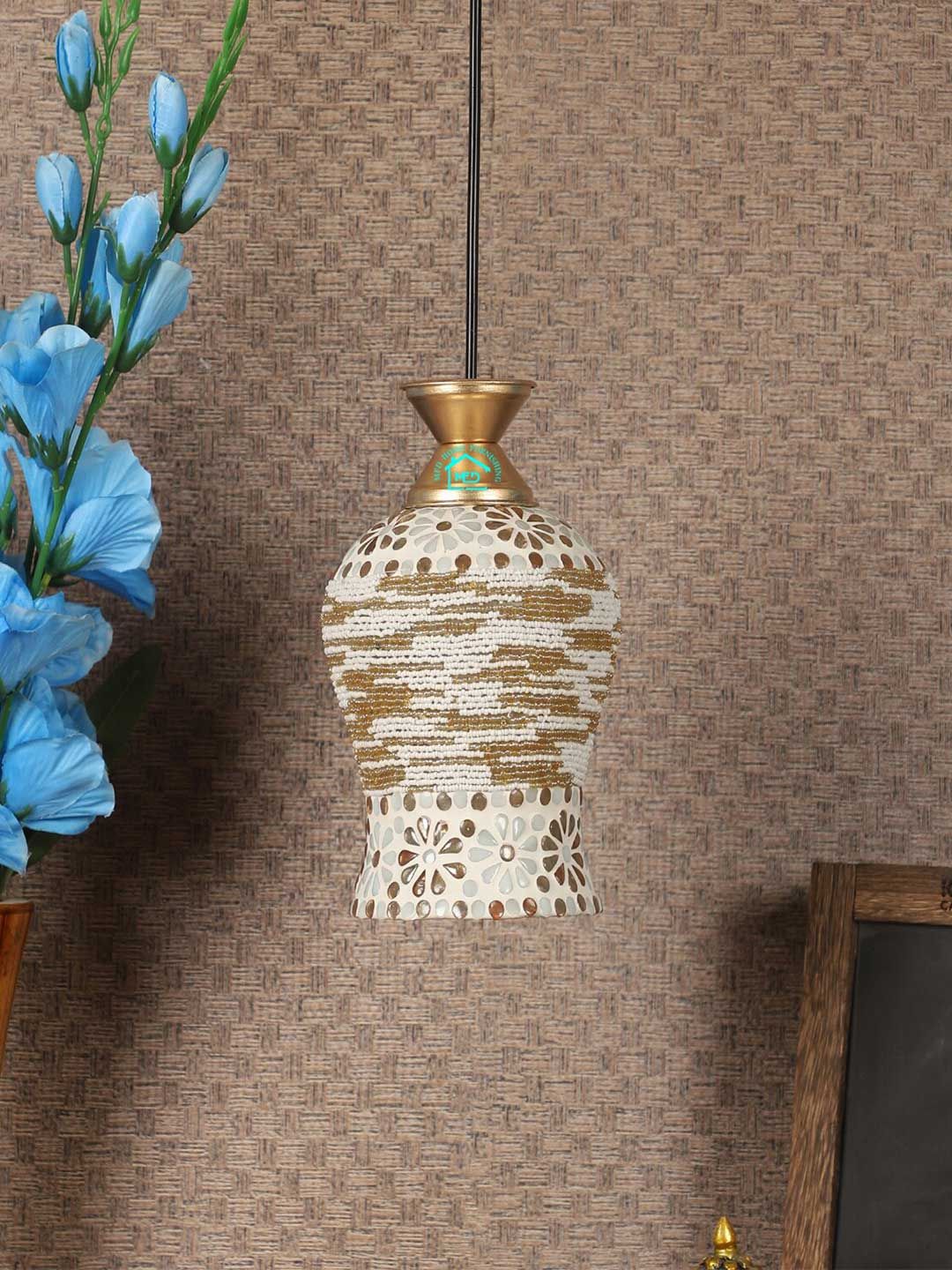 MFD HOME FURNISHING White & Gold-Toned Self Design Contemporary Hanging Lamp-image-14