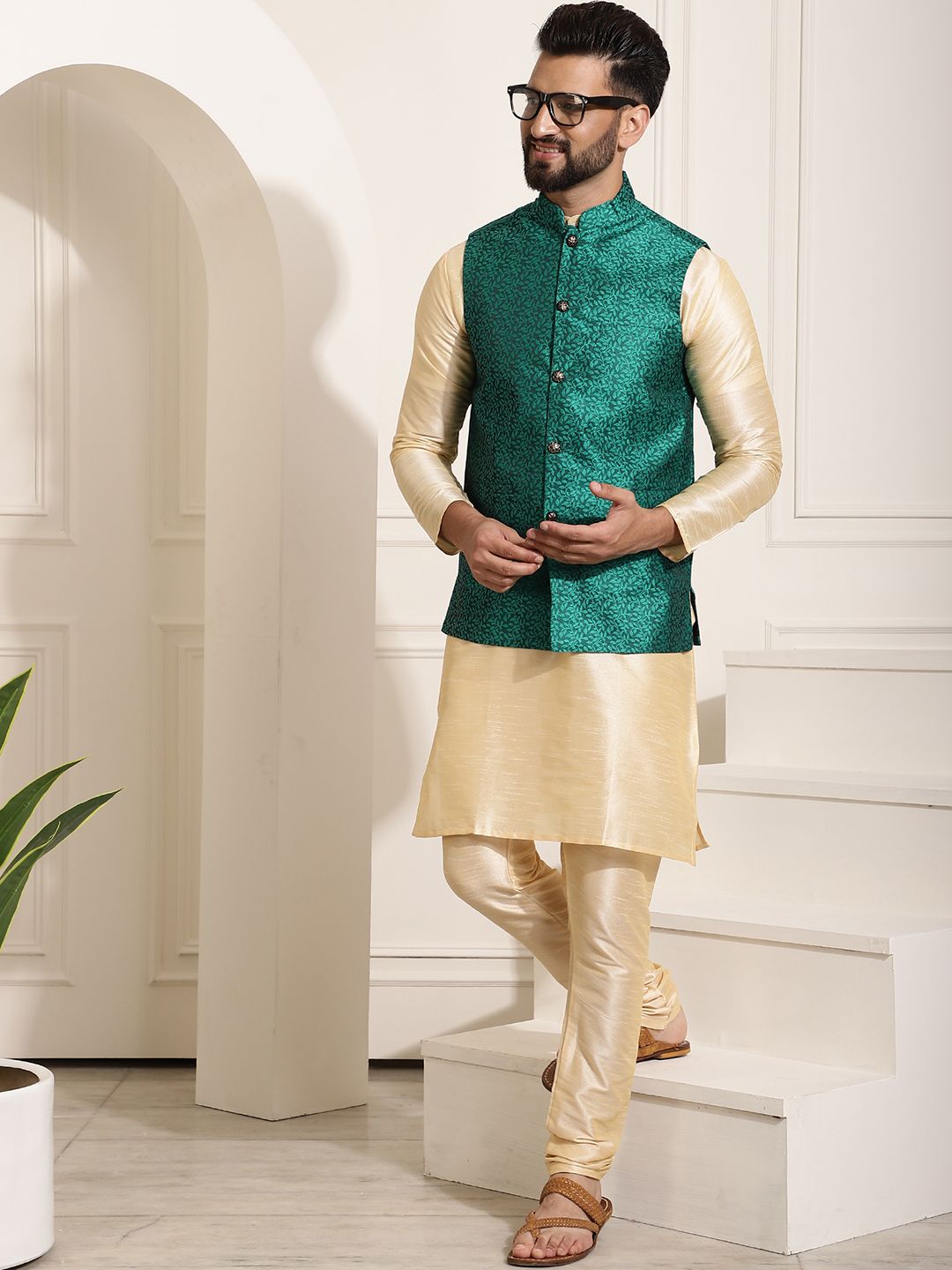 SOJANYA Men Golden & Green Kurta with Churidar And Nehru Jacket-picture-23