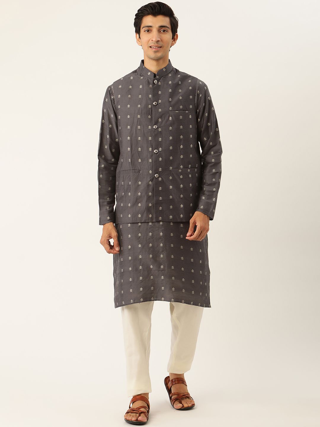 SOJANYA Men Charcoal Ethnic Motifs Kurta Set With Nehru Jacket-image-47