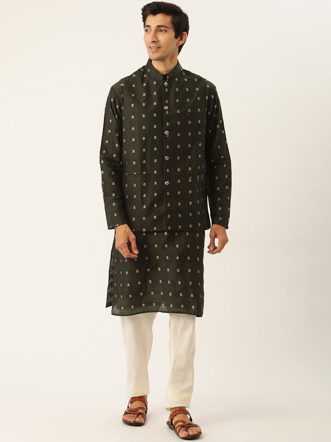 SOJANYA Men Green Ethnic Motifs Kurta Set With Nehru Jacket-picture-11