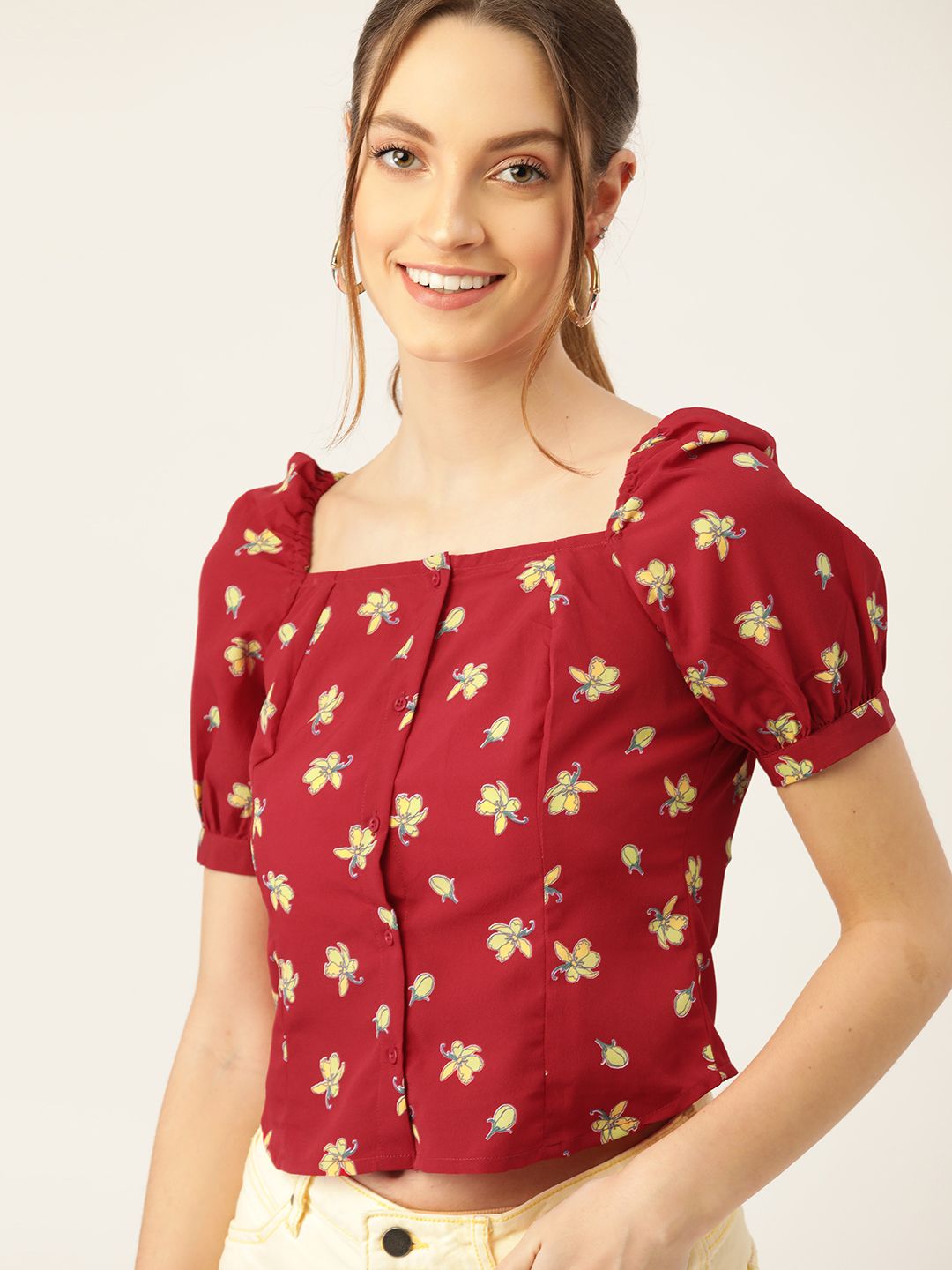 DressBerry Red & Yellow Floral Puff Sleeve Regular Top