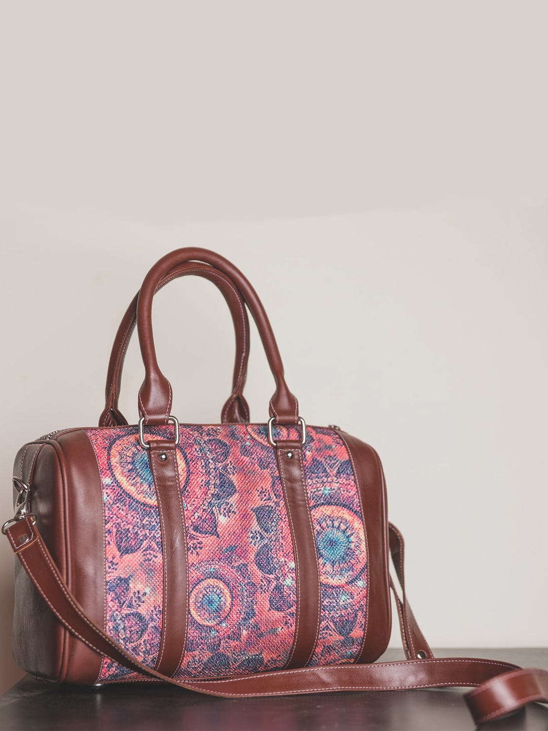 ZOUK Pink & Blue Printed Vegan Leather Handheld Sustainable Bowling Bag
