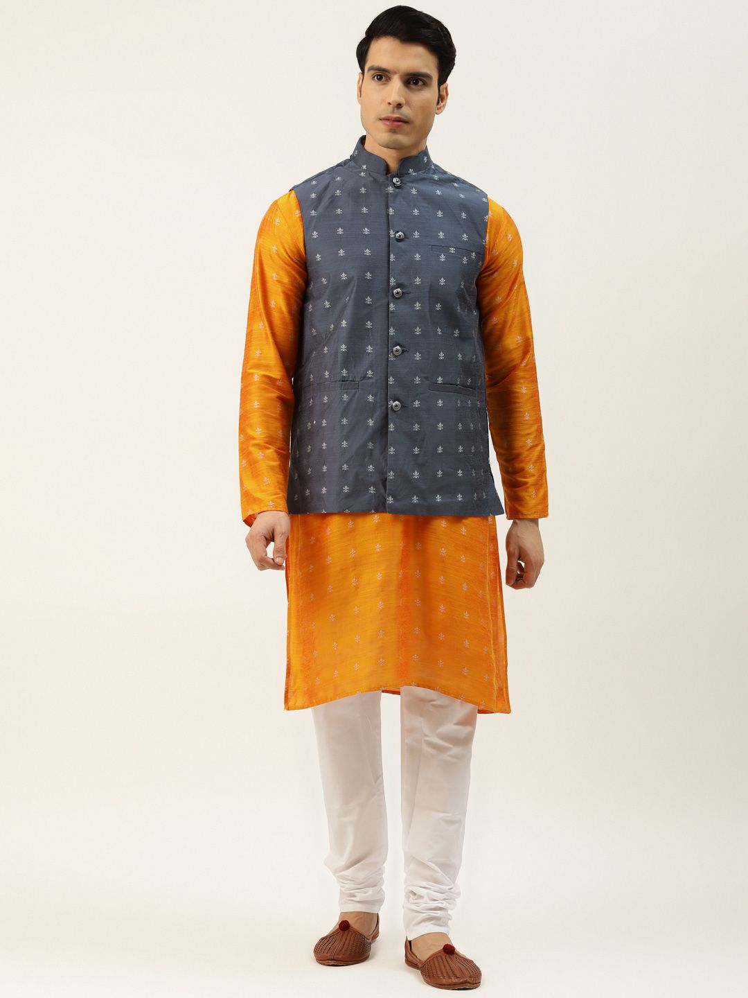 SOJANYA Men Orange Ethnic Motifs Kurta with Churidar & Nehru Jacket-picture-23