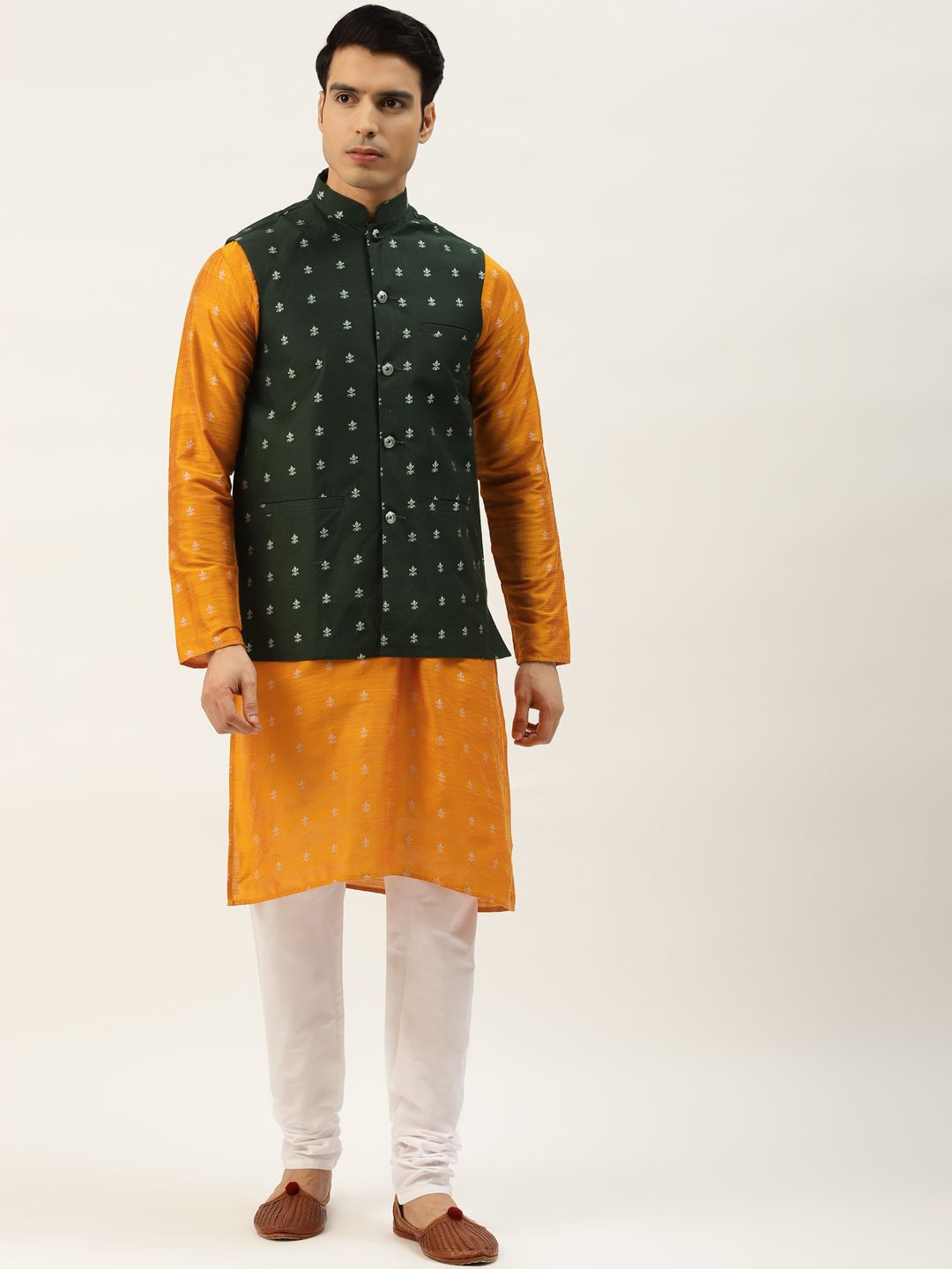 SOJANYA Men Orange Ethnic Motifs Kurta with Churidar & Nehru Jacket-image-22