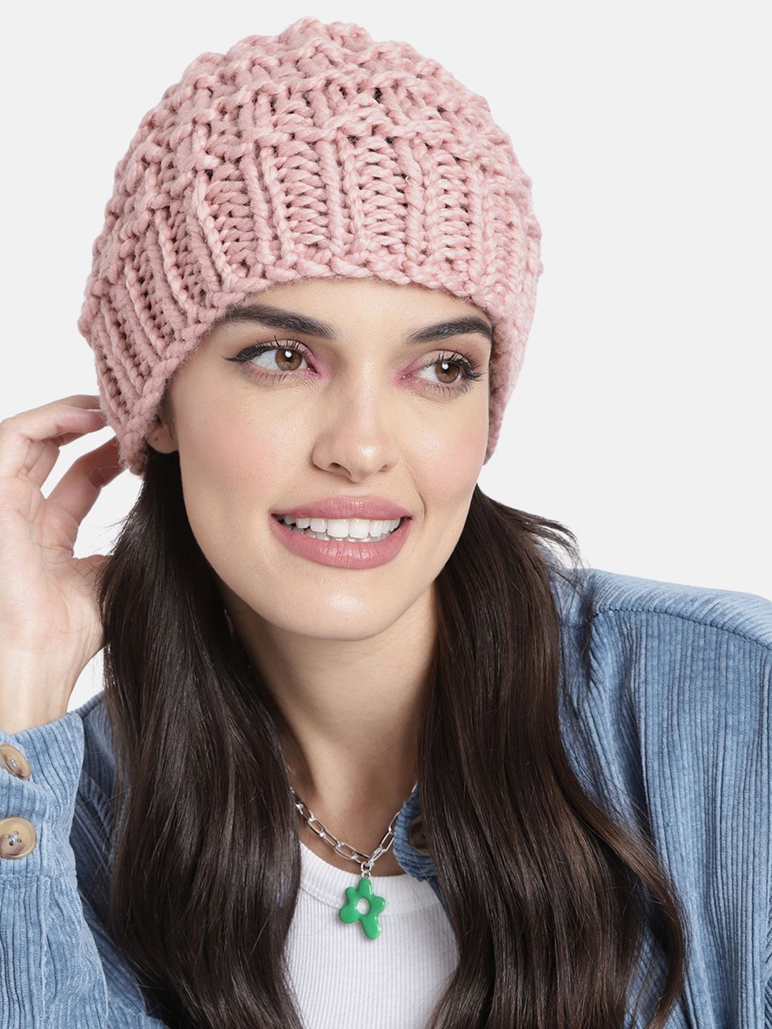 Magic Needles Unisex Pink Hand Knitted Self Design Beanie-picture-10