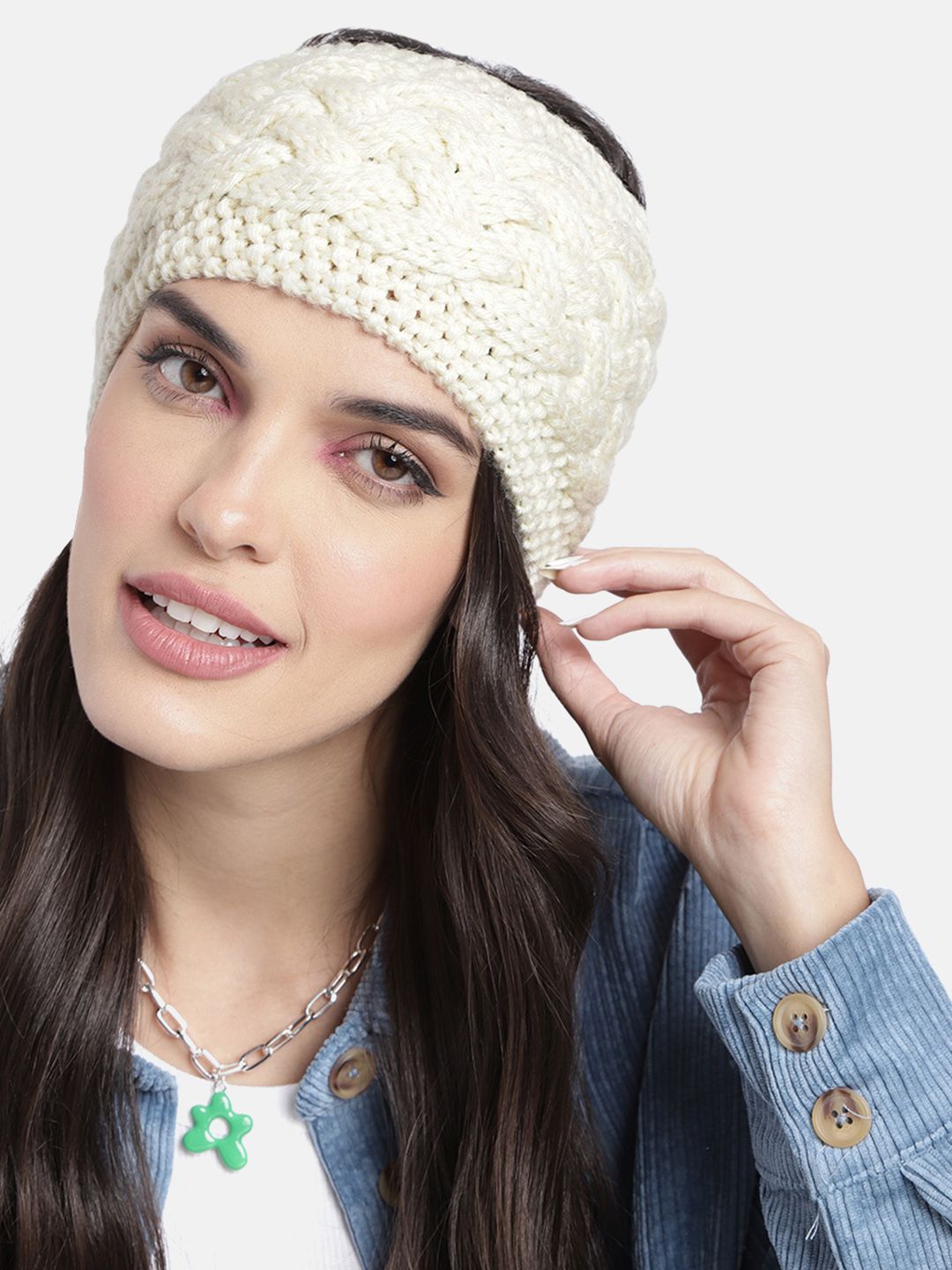 Magic Needles Unisex Off-White Cable Knit Criss Cross Headband-picture-40