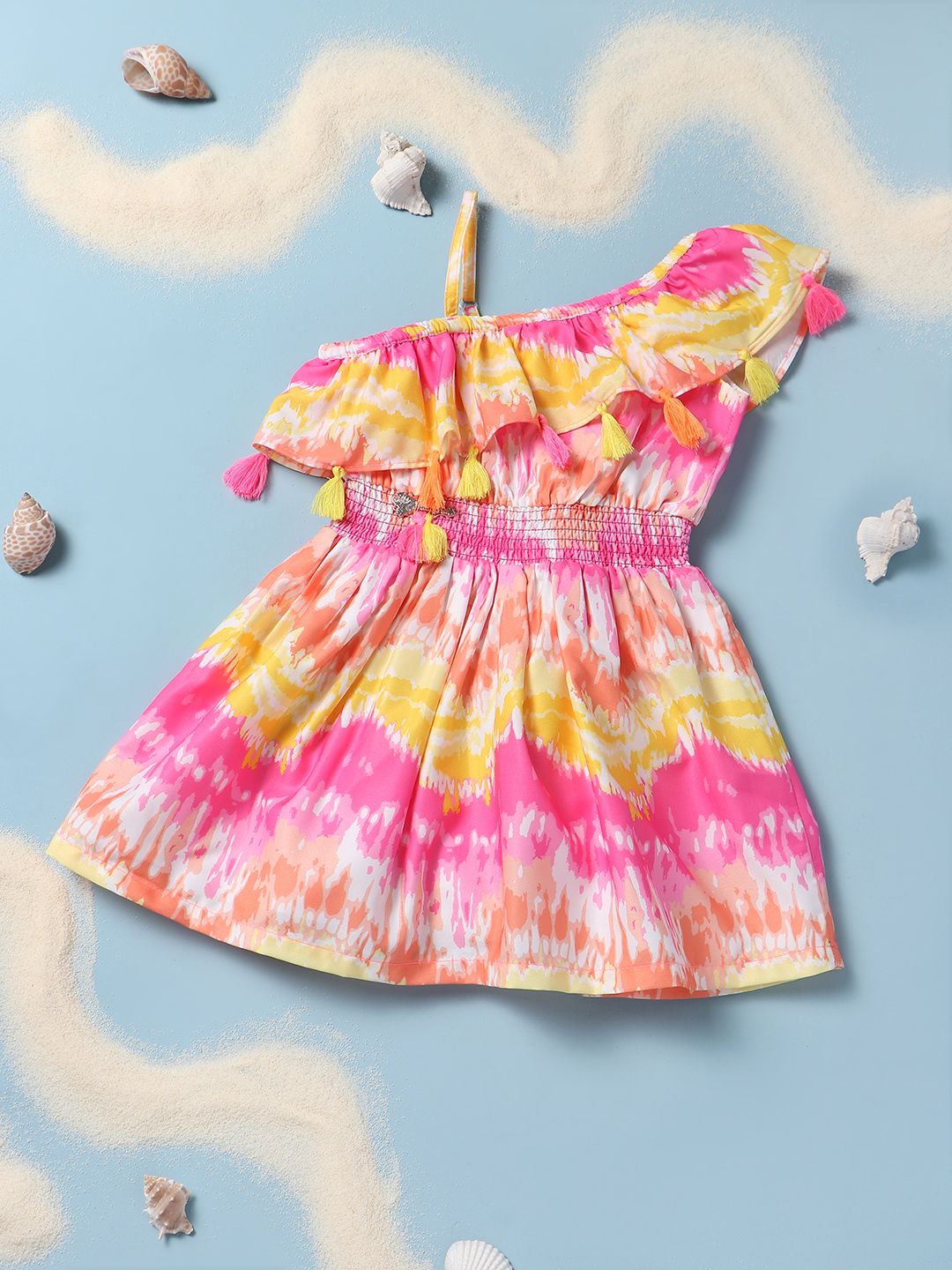 Nauti Nati Infant Girls Pink & Yellow Printed Fit and Flare Dress-picture-19