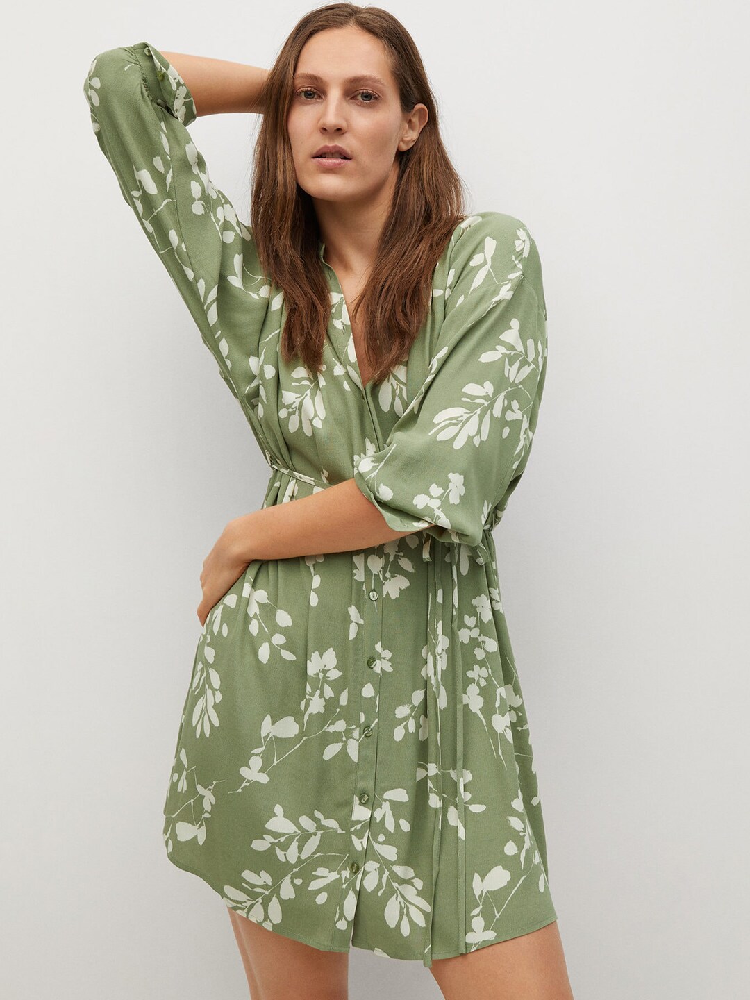 MANGO Women Green & Off-White Sustainable Rayon Floral A-Line Dress