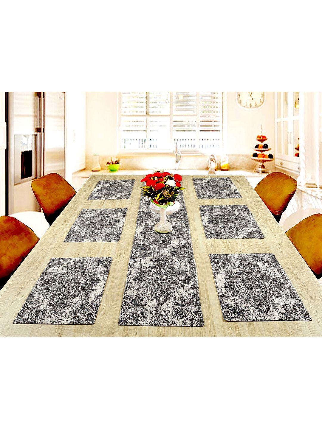 BELLA TRUE Set of 7 Black & White Traditional Digital Printed Placement and Runner-image-1