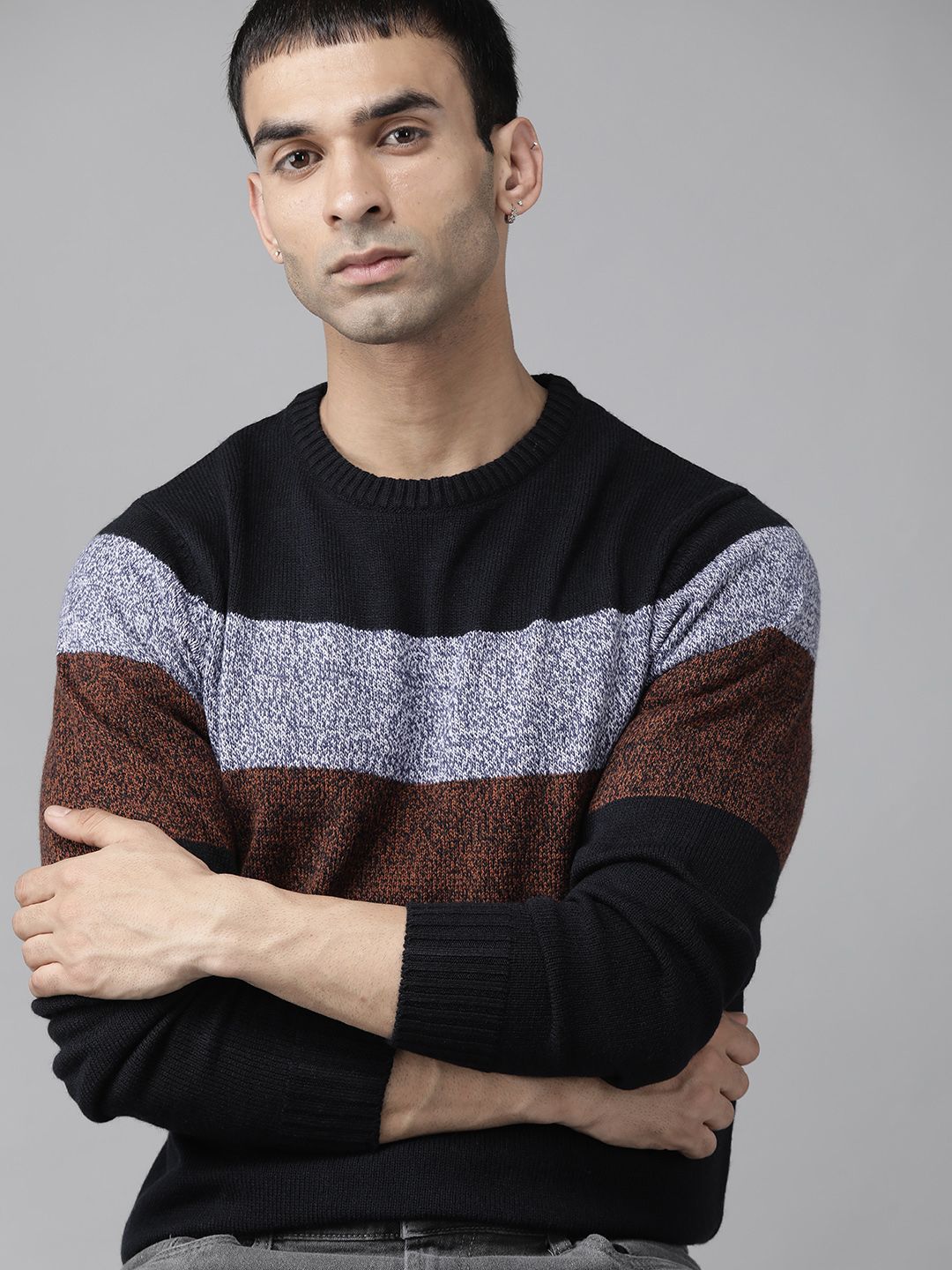 Roadster Men Navy Blue & Brown Colourblocked Pullover-image-8