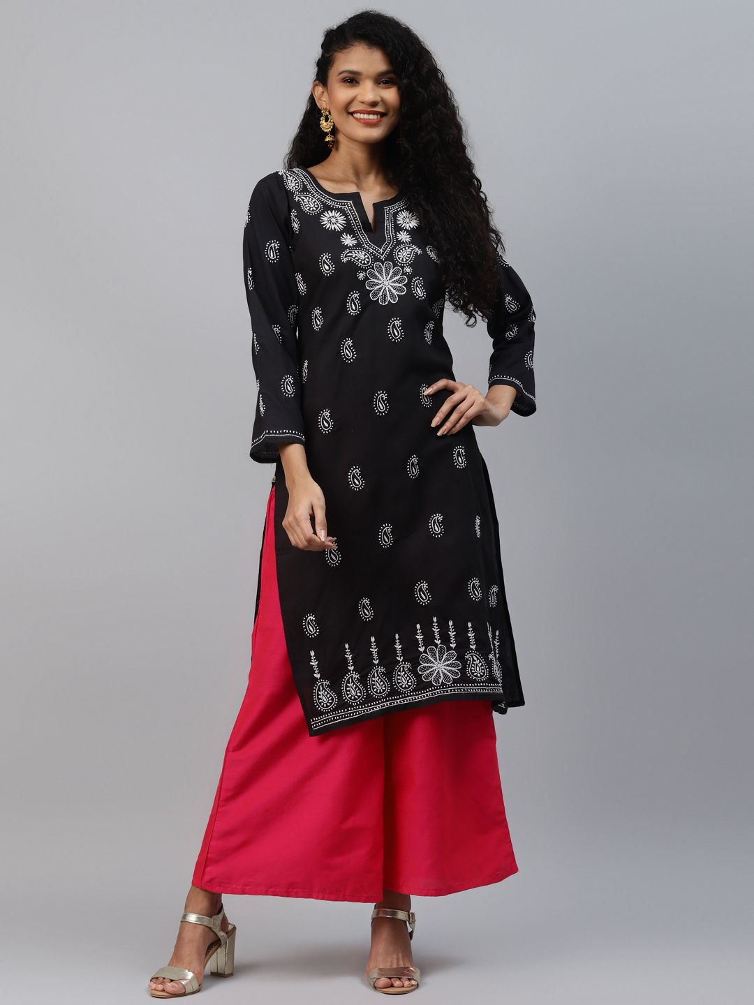 ADA Women Sustainable Black & White Paisley Chikankari Hand Embroidered Straight Kurta-picture-39