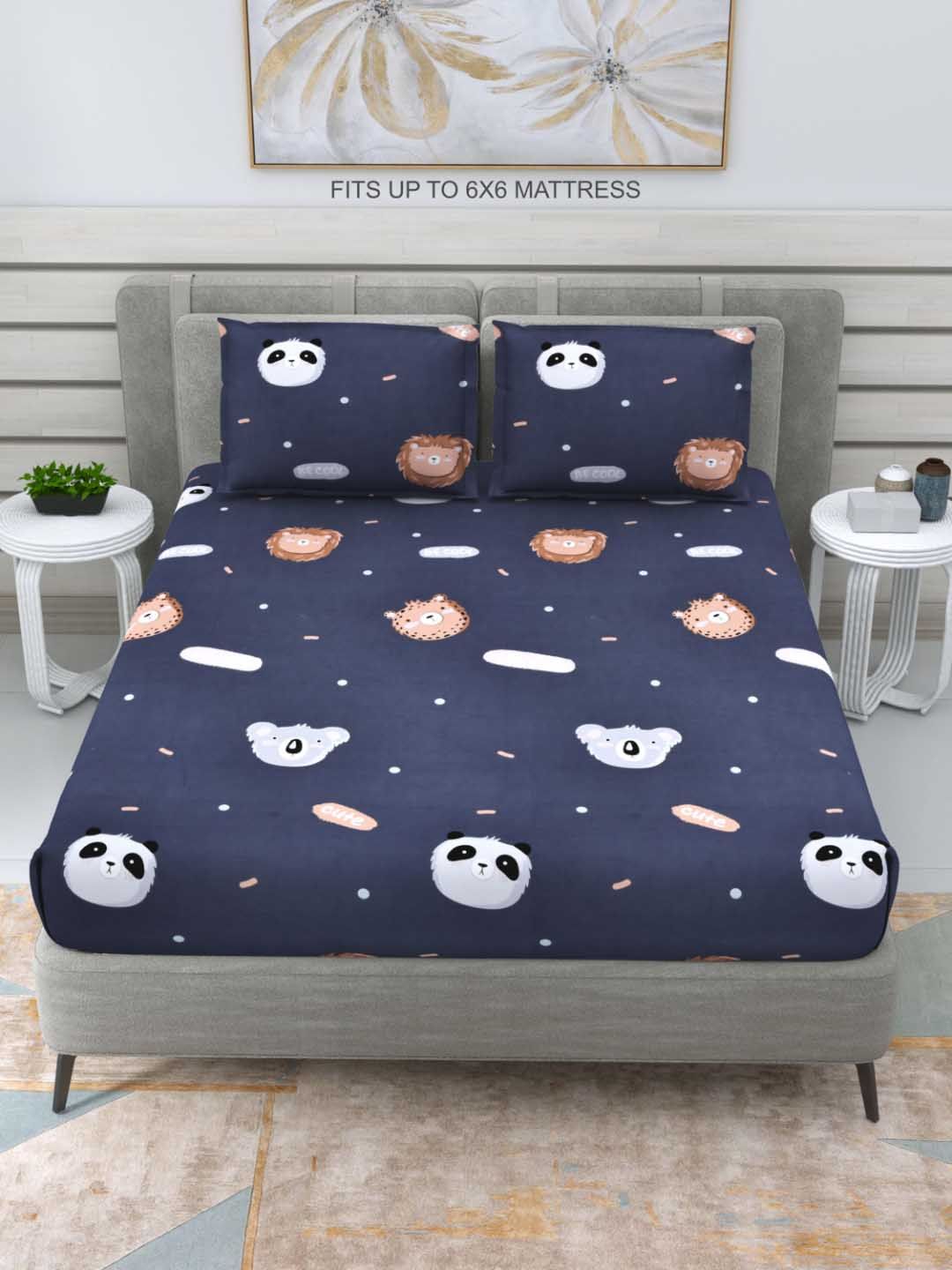 DREAM WEAVERZ Navy Blue Kids Cotton 220 TC Double Queen Bedsheet with 2 Pillow Covers-image-40