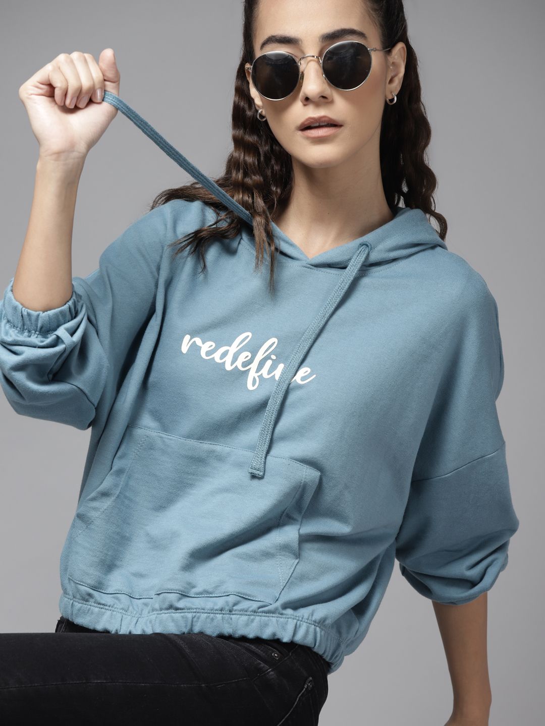 Roadster Women Blue Printed Hooded Sweatshirt-picture-24