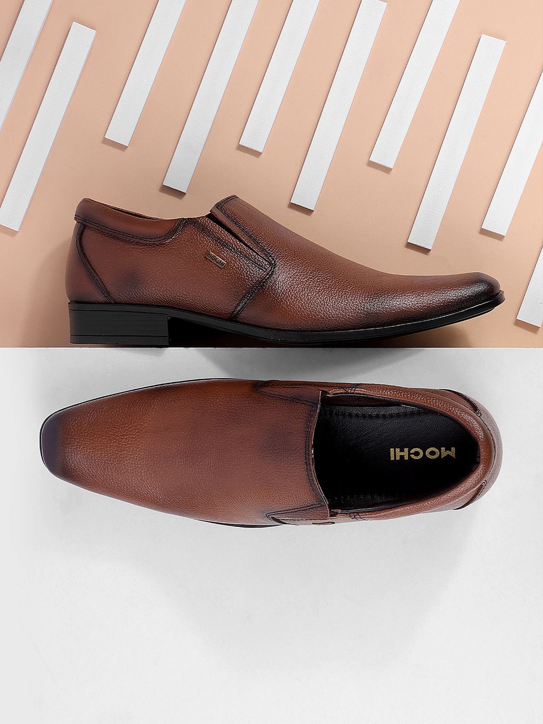 Mochi Men Tan Brown Solid Leather Formal Slip-Ons-image-12