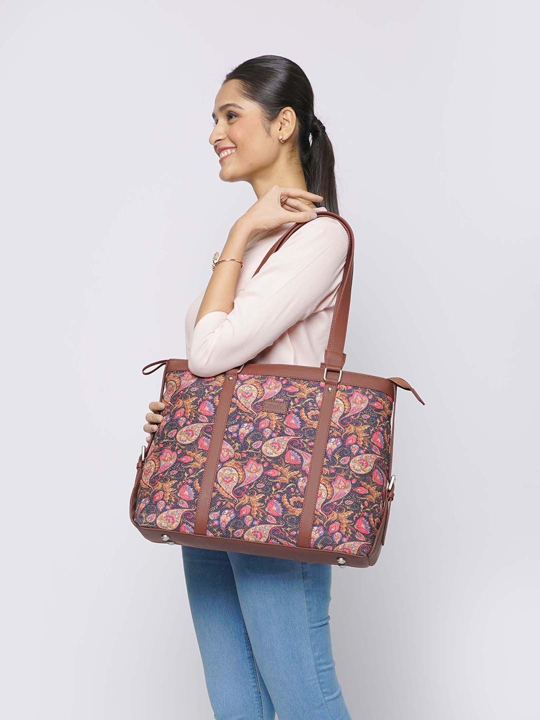 ZOUK Navy Blue & Pink Printed Vegan Leather Sustainable Shoulder 16 Inch Laptop Bag-picture-22