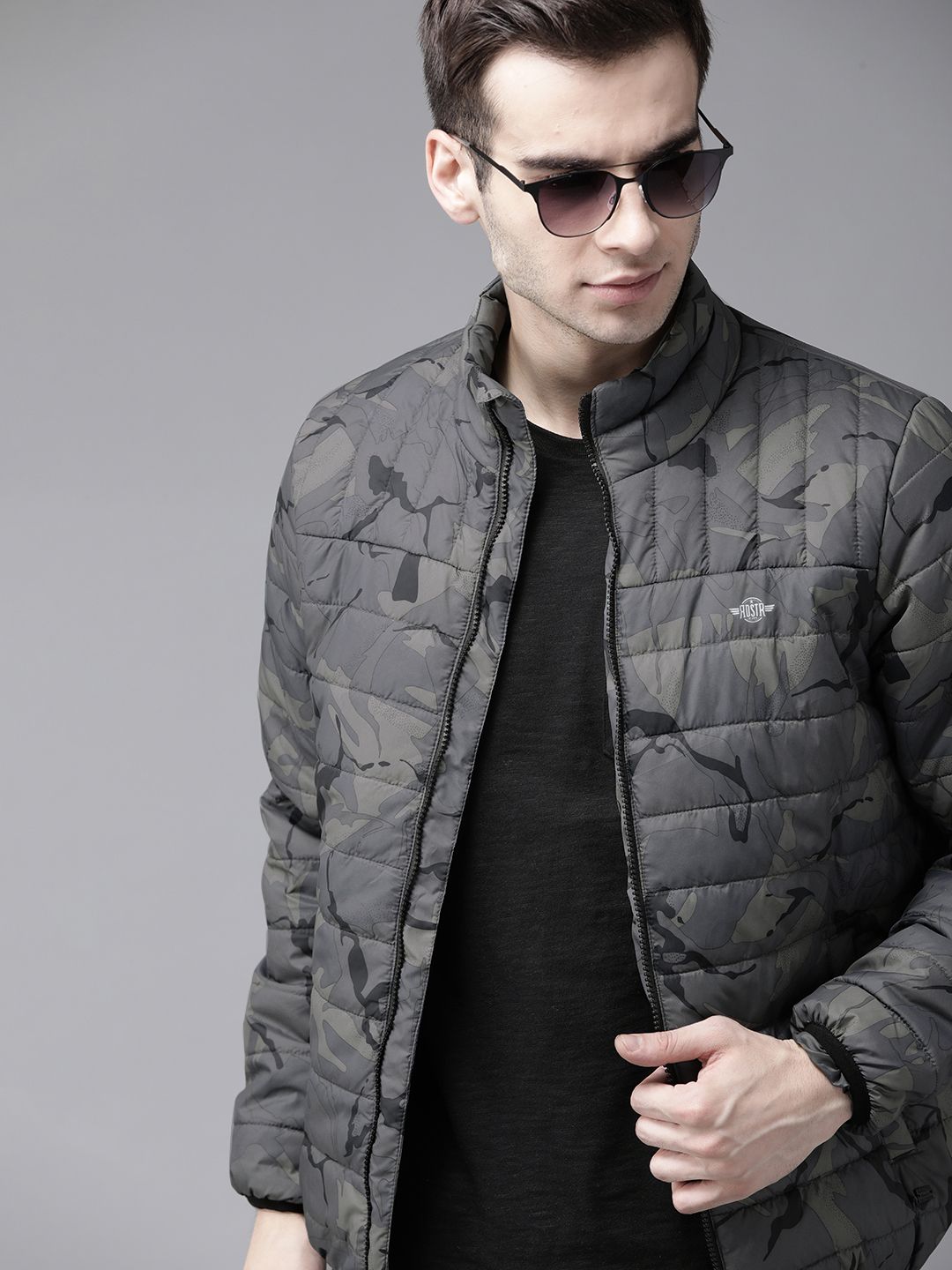 Roadster Men Charcoal Grey & Black Printed Padded Jacket - Price