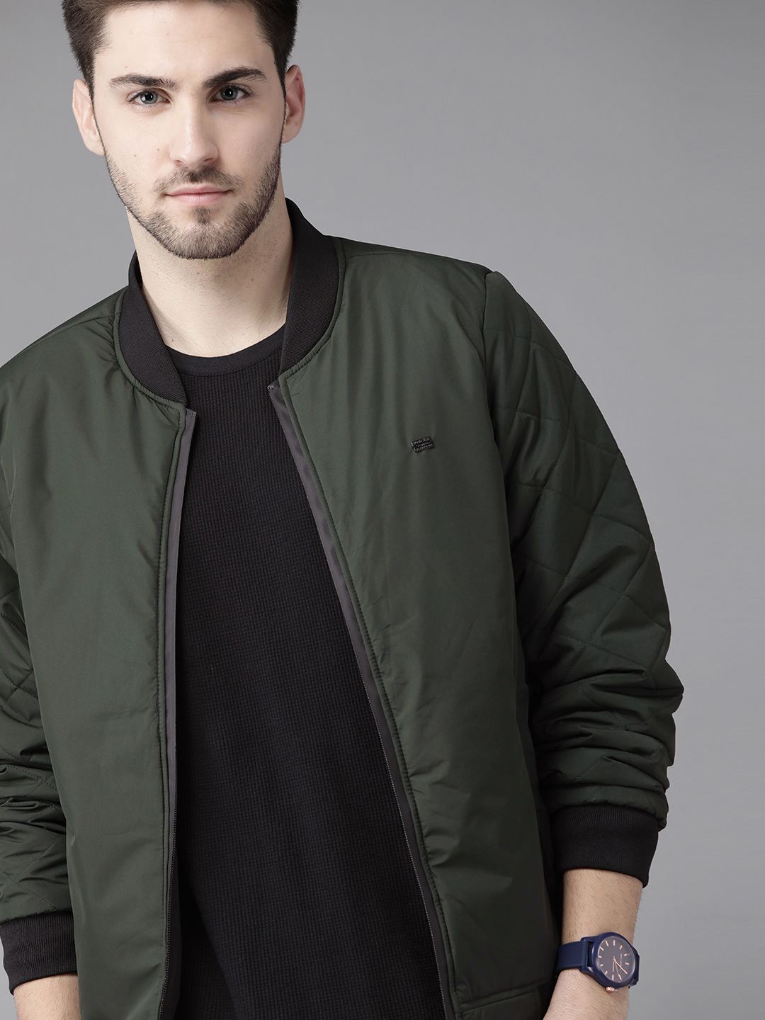 Roadster Men Olive Green Solid Bomber Jacket