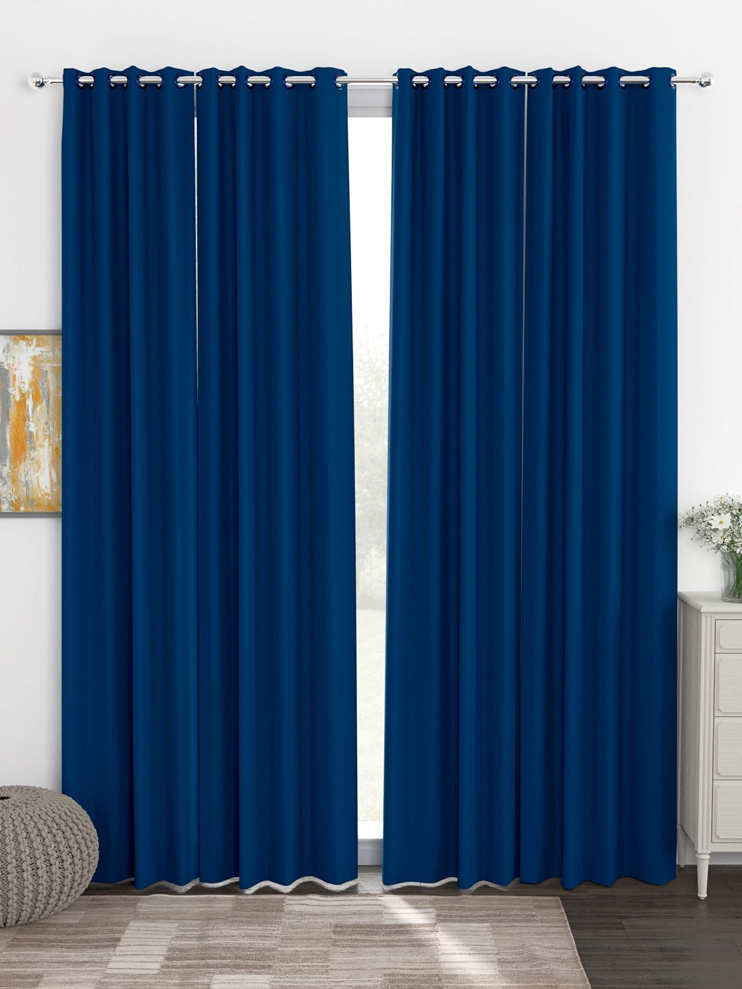 Story@Home Faux Silk Solid Solid 300GSM Navy Blue Room Darkening Blackout Long Door Curtain - Set Of 4-picture-11