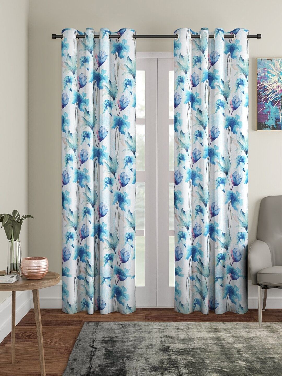 Home Sizzler Blue & White Set of 2 Floral Long Door Curtain-image-39