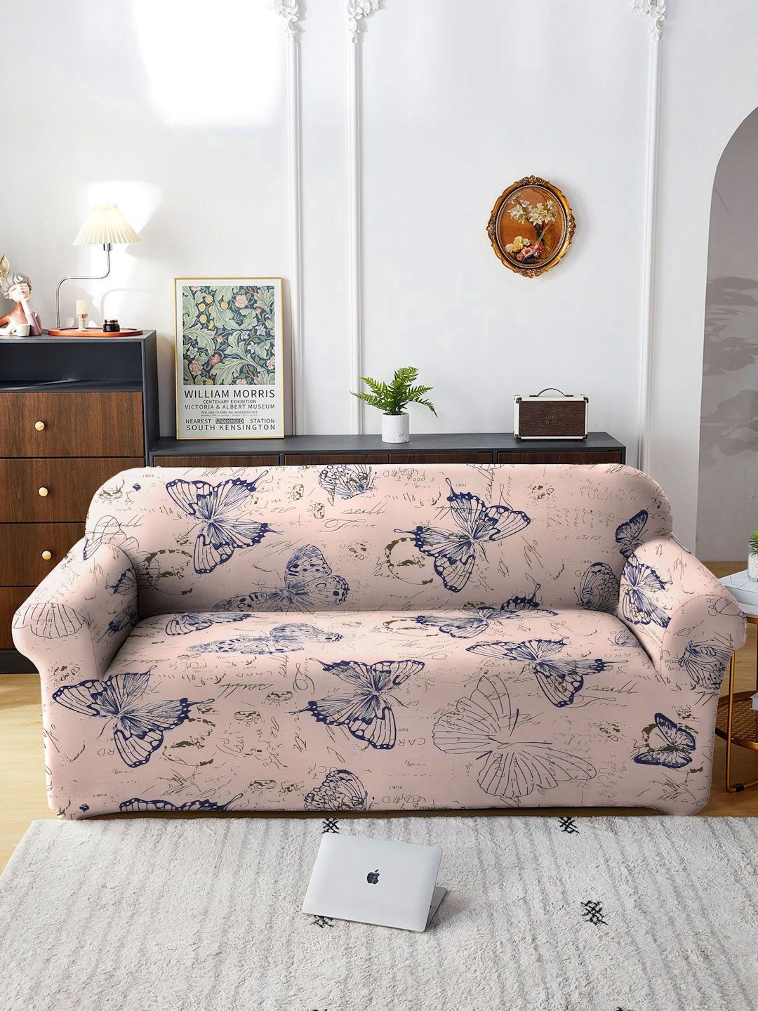 Cortina Beige Printed 3-Seater Stretchable Non-Slip Sofa Slipcover-image-35