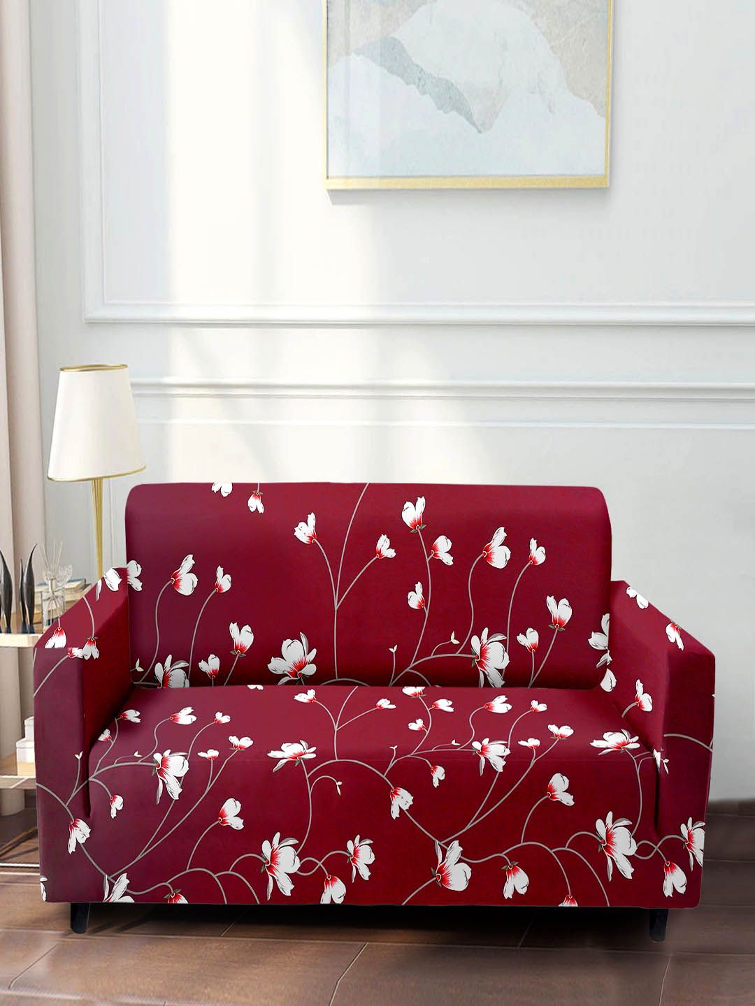 Cortina Maroon Printed 2-Seater Stretchable Non-Slip Sofa Slipcover-image-49