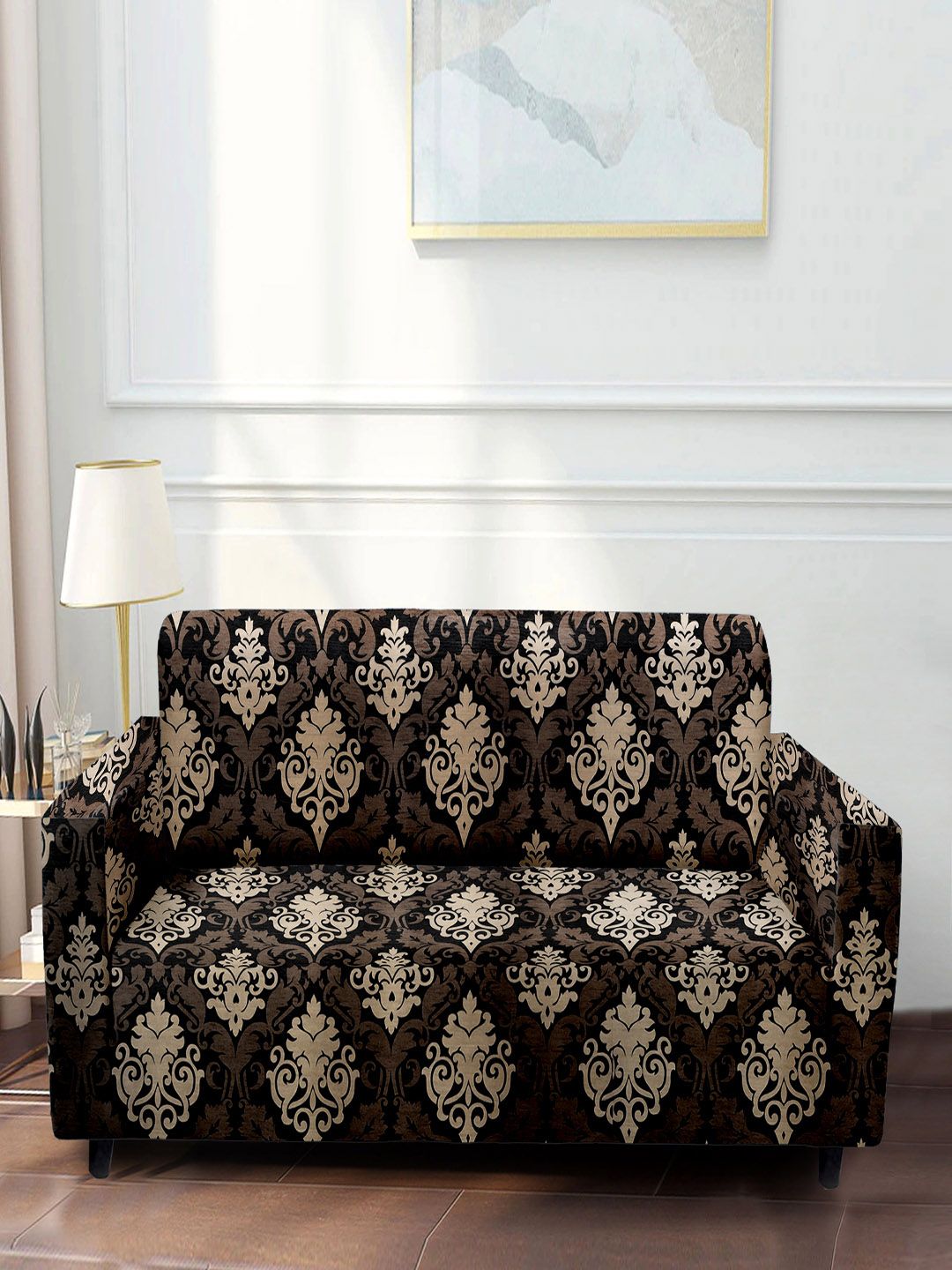 Cortina Black & Grey Printed 3-Seater Stretchable Non-Slip Sofa Slipcover-image-11