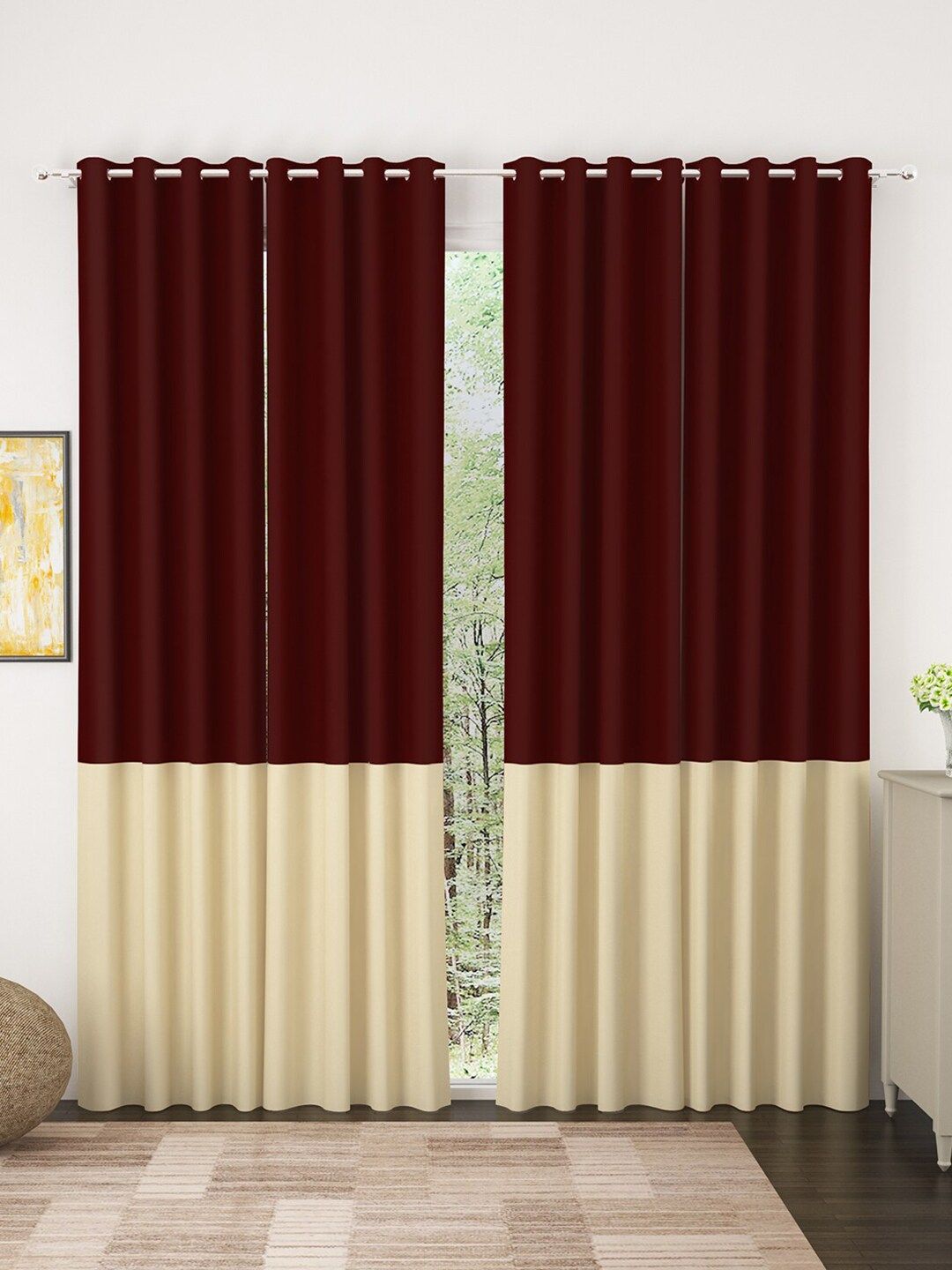 Story@home Maroon & Beige Set of 4 Faux Silk Colourblocked Room Darkening Door Curtains-image-35