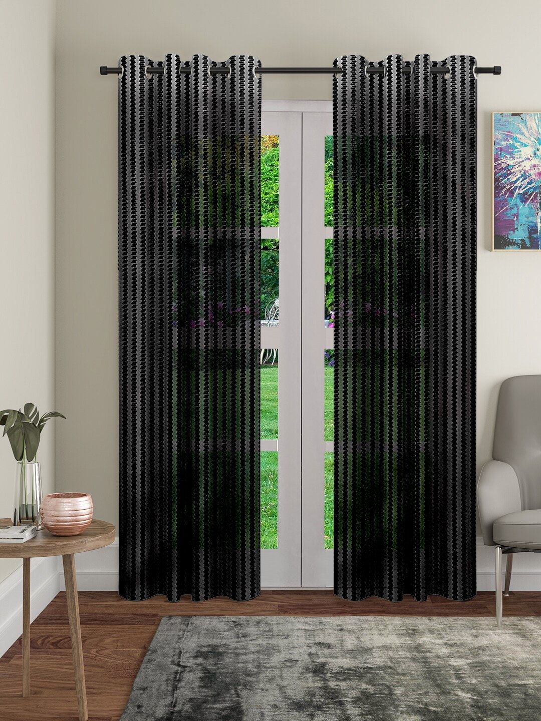 Cortina Black & White Set of 2 Striped Sheer Door Curtain-picture-29